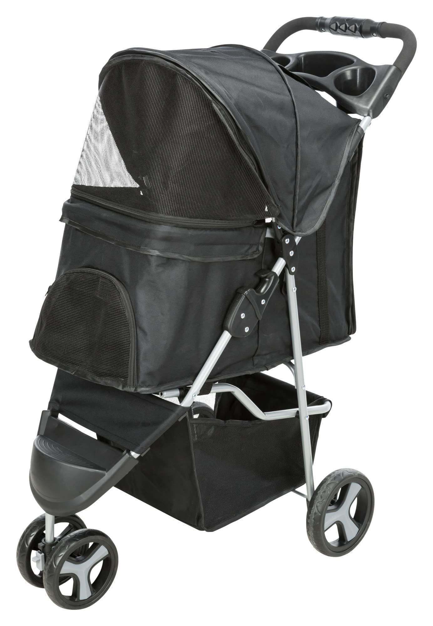 Trixie Foldable Pet Stroller For Cats And Dogs, Pet Carrier Strolling Cart With Weather Cover, Storage Basket, Cup Holder, Black