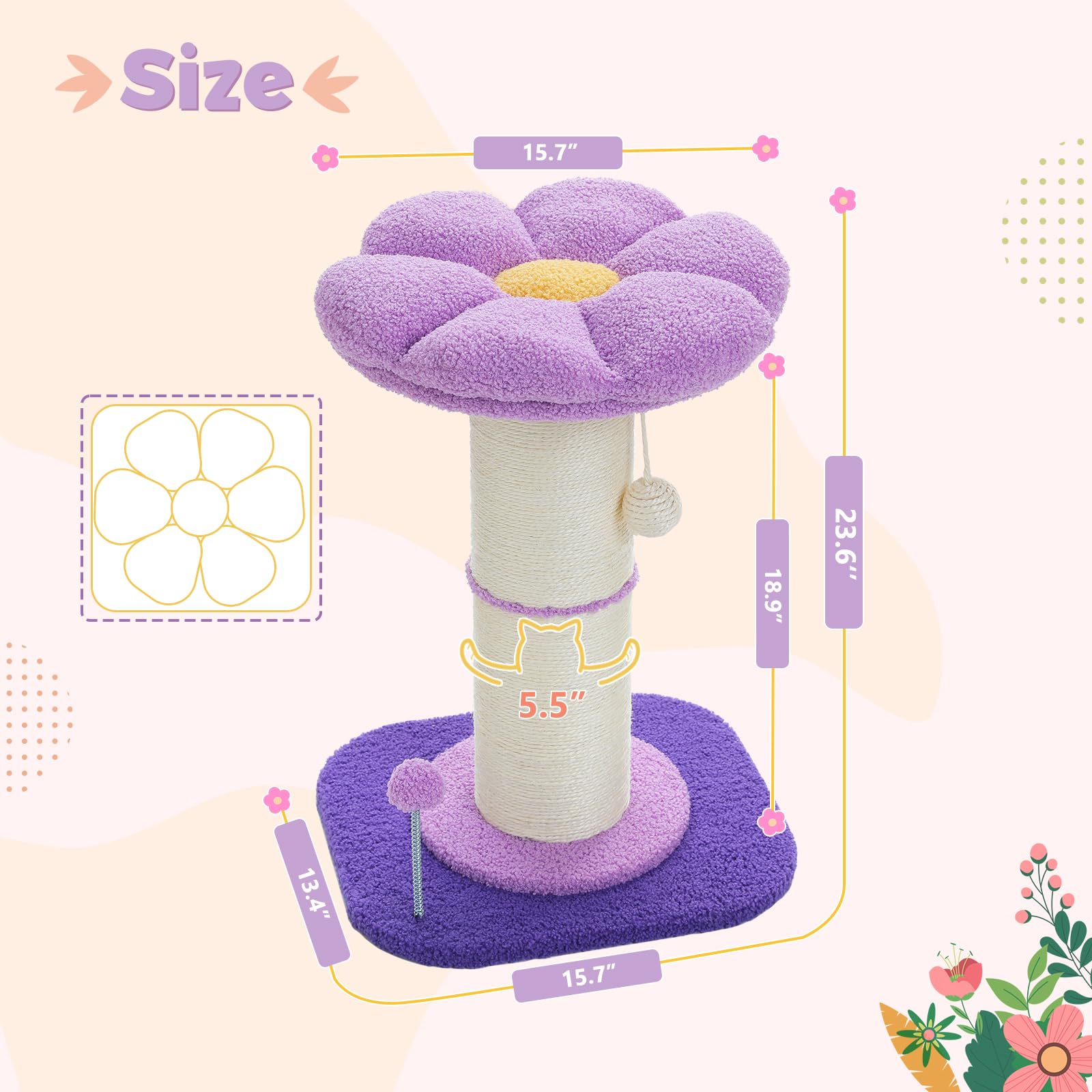 Pequlti Flower Cat Scratching Post, Small Tree, Tall Scratcher For Indoor Cats With Super Thick Post [Dia=5.5''], Removable Flow