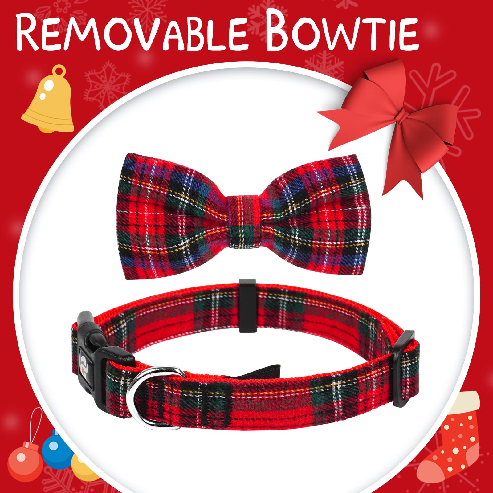 Azuza Christmas Buffalo Dog Collar And Leash Set, Classic Plaid Collar With Removable Bowtie And Matching Leash For Medium Dogs