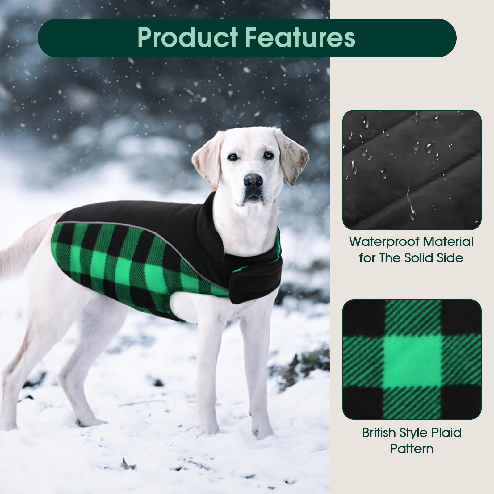 Kuoser Reversible, Warm Waterproof Dog Winter Coat, British Style Plaid - Puppy Cold Weather Vest, Windproof, Snow Jacket For Ex