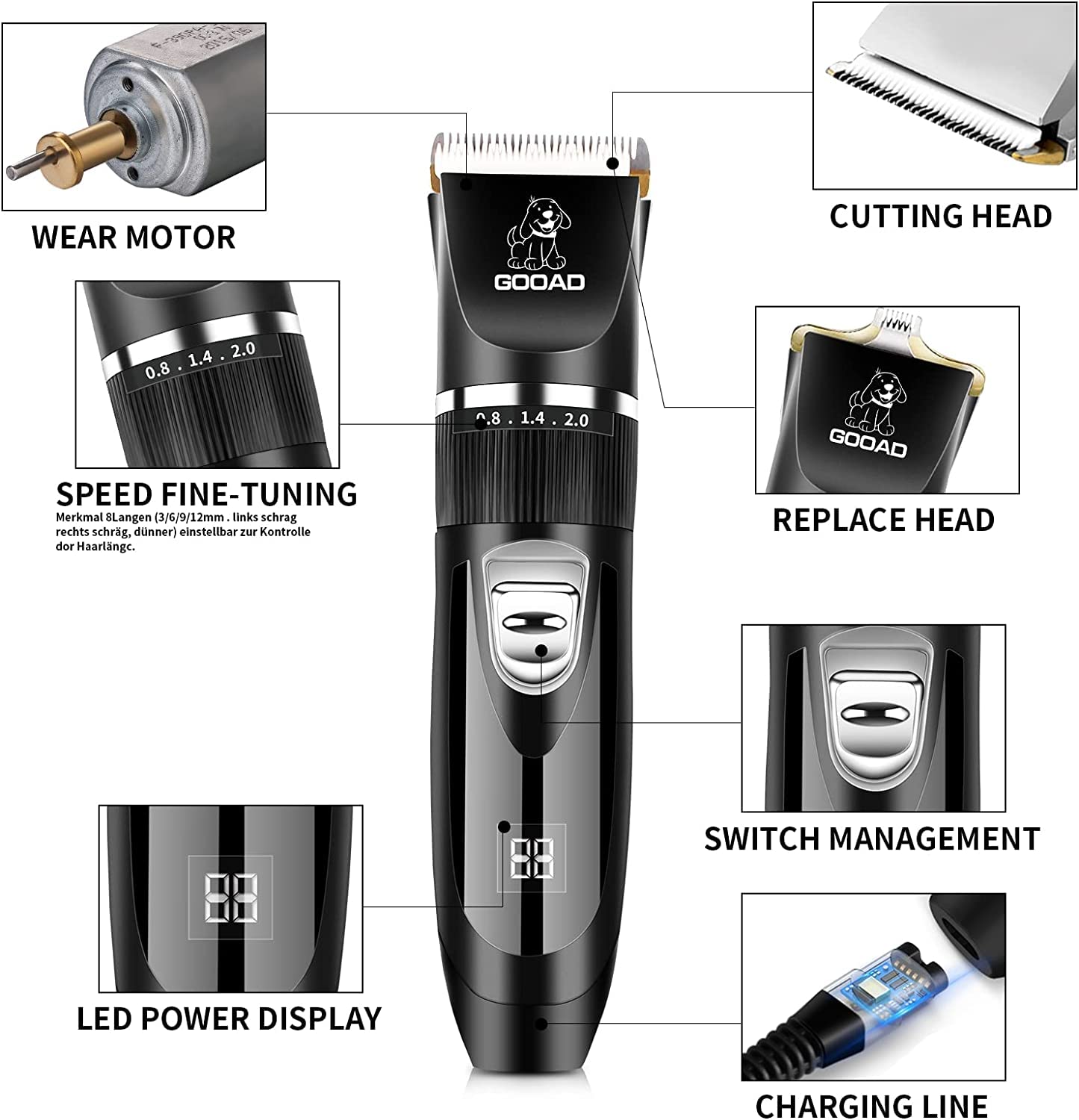 Gooad Dog Clippers Grooming Kit And Paw Trimmer,Low Noise,Electric Quiet,Rechargeable,Cordless,Pet Hair Clippers For Thick Coats