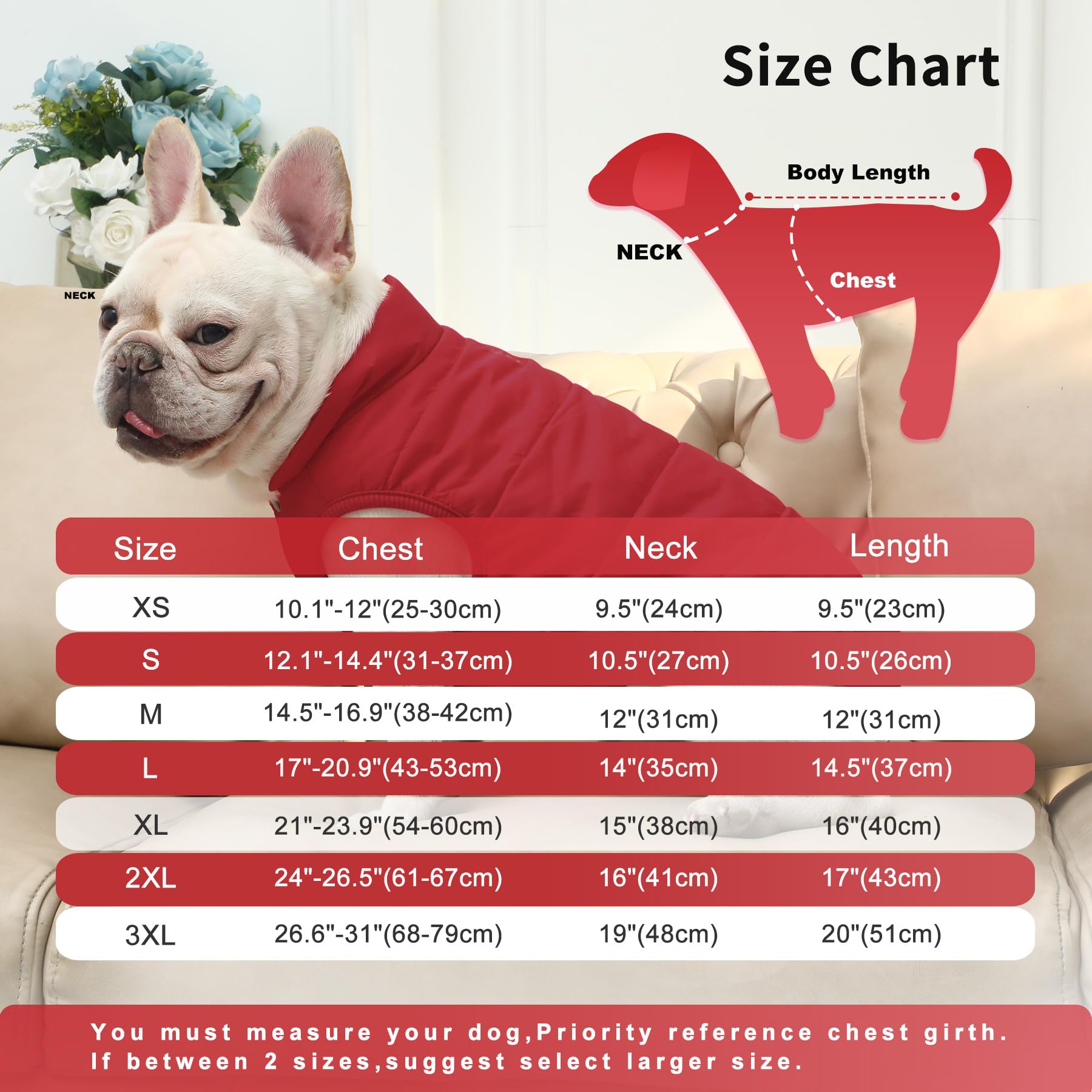 Joydaog 2 Layers Fleece Lined Warm Dog Jacket For Winter Cold Weather,Soft Windproof Medium Dog Coat,Red L