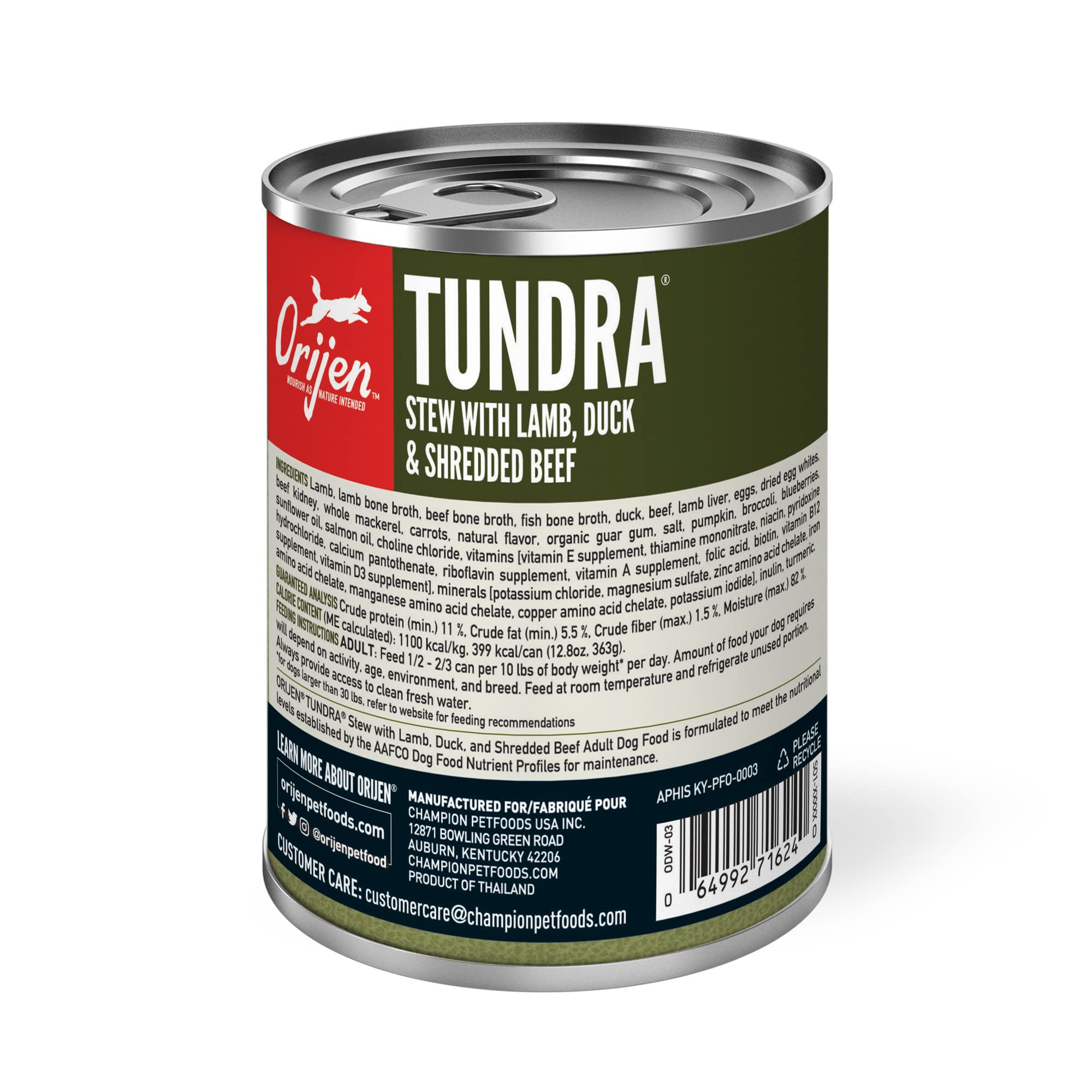 ORIJEN Tundra Stew Wet Dog Food, Grain-Free, 12.8 oz (Pack of 12), Premium Meat Shreds, Green