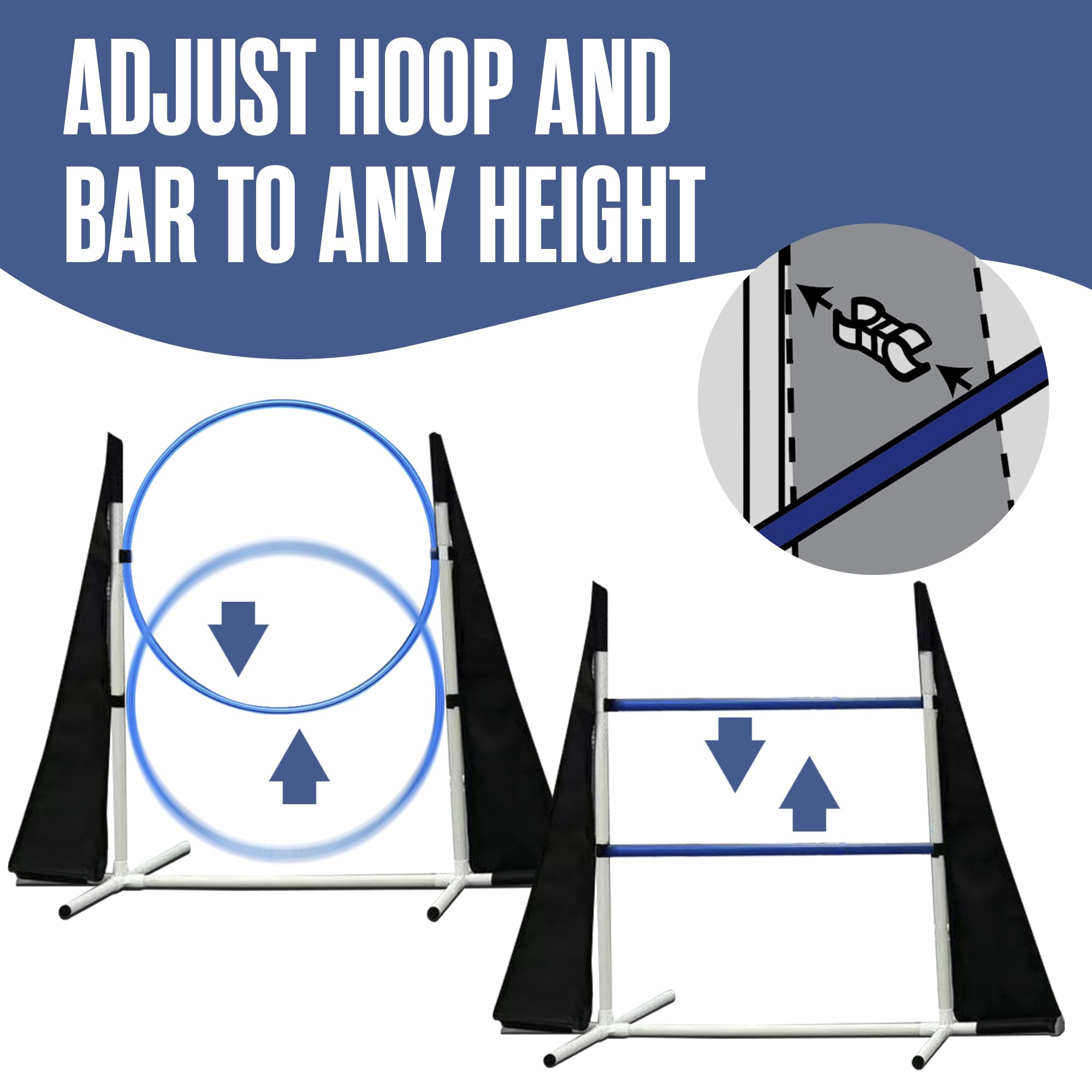 Houseables Dog Agility Course Set - Adjustable Height, Blue/White/Black, Includes Play Tunnel, Weave Poles, Jumps, Model 05PC