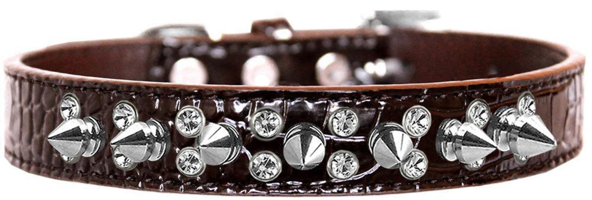 Dog, Puppy and Pet Designer Croc Collar, "Double Crystal & Silver Spikes" Light Pink 12