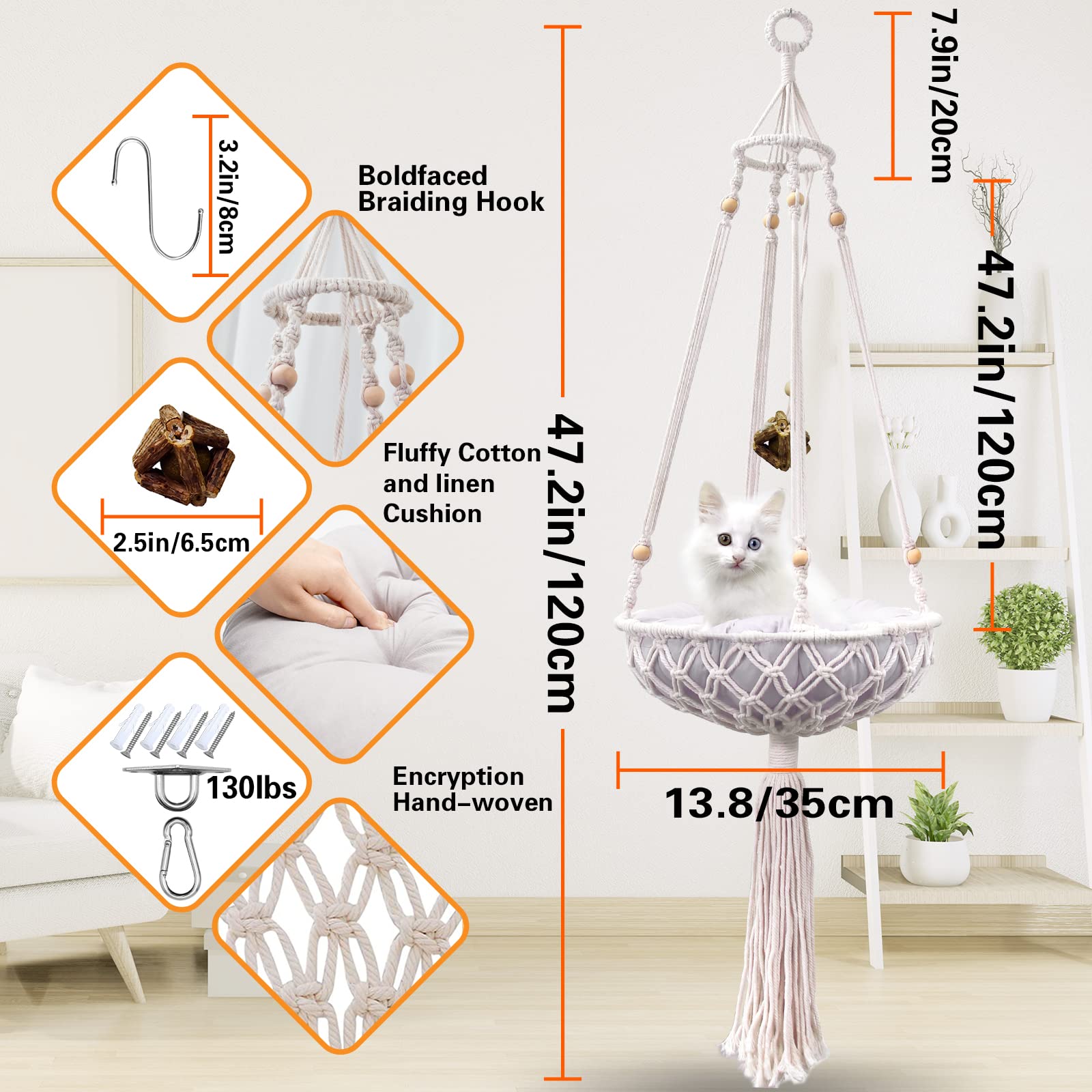Vaescol Macrame Hammock, Handwoven Boho Cat Swing With Hanging Kit For Indoor Outdoor Home Decor Hang On Wall Bed For Sleeping, Playing, Climbing And Lounging