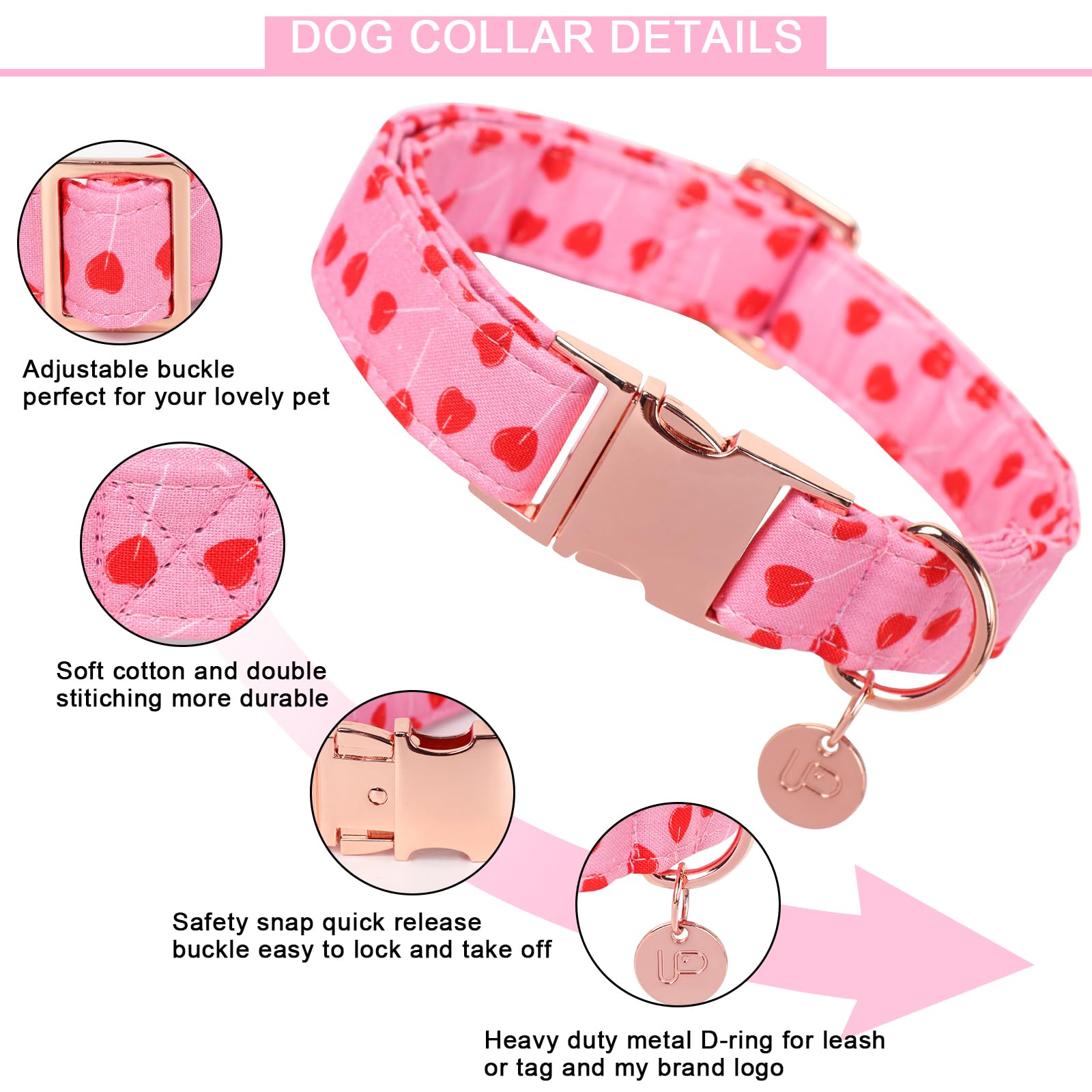 Up Urara Pup Valentine'S Dog Collar, Pink Heart Pattern, Cotton, Adjustable Size, Metal Buckle, Medium, Pink, For Small, Medium,