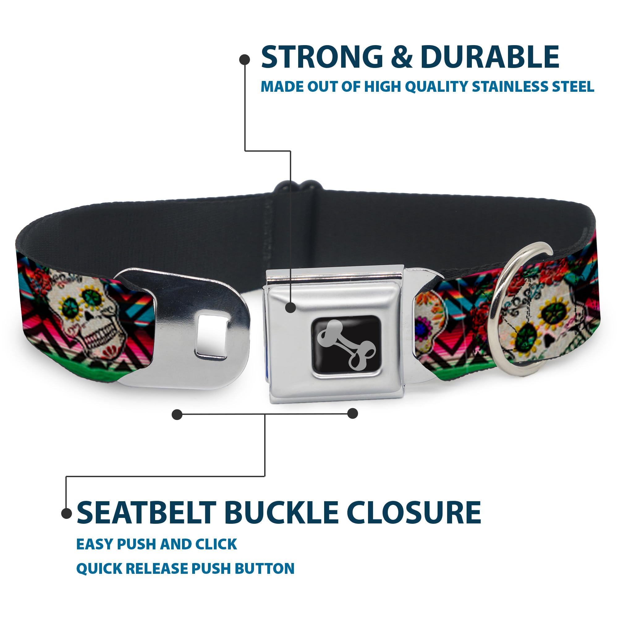 Buckle-Down Dog Collar Seatbelt Buckle Sugar Skulls Zarape Multi Color 15 To 26 Inches 1.0 Inch Wide (Dc-W34561-L)