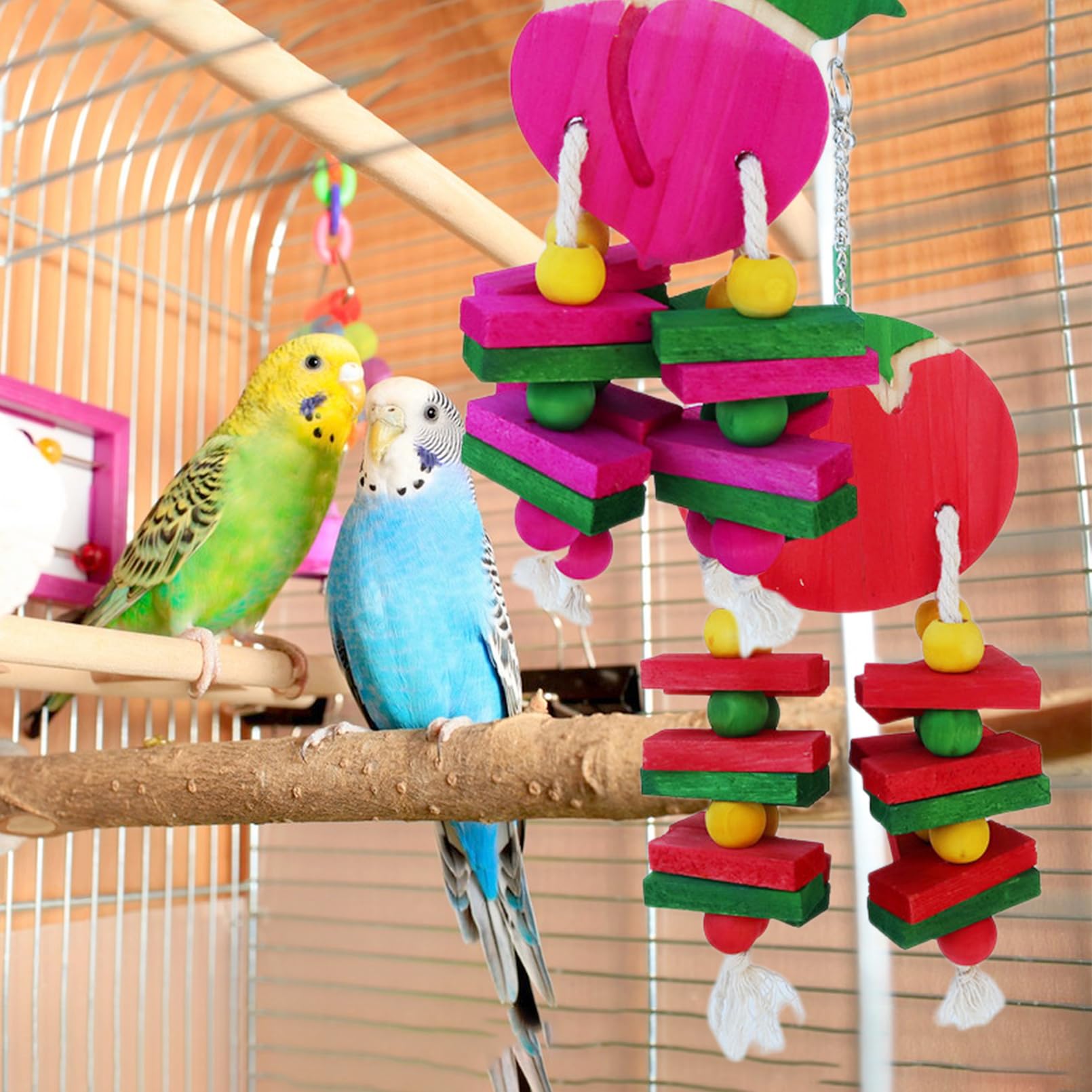 Hamiledyi Natural Wood Block Bird Cage Toys Parrot Chewing Toy Tomato&Peach&Pear&Strawberry Shaped Hanging Foraging Toy For Smal