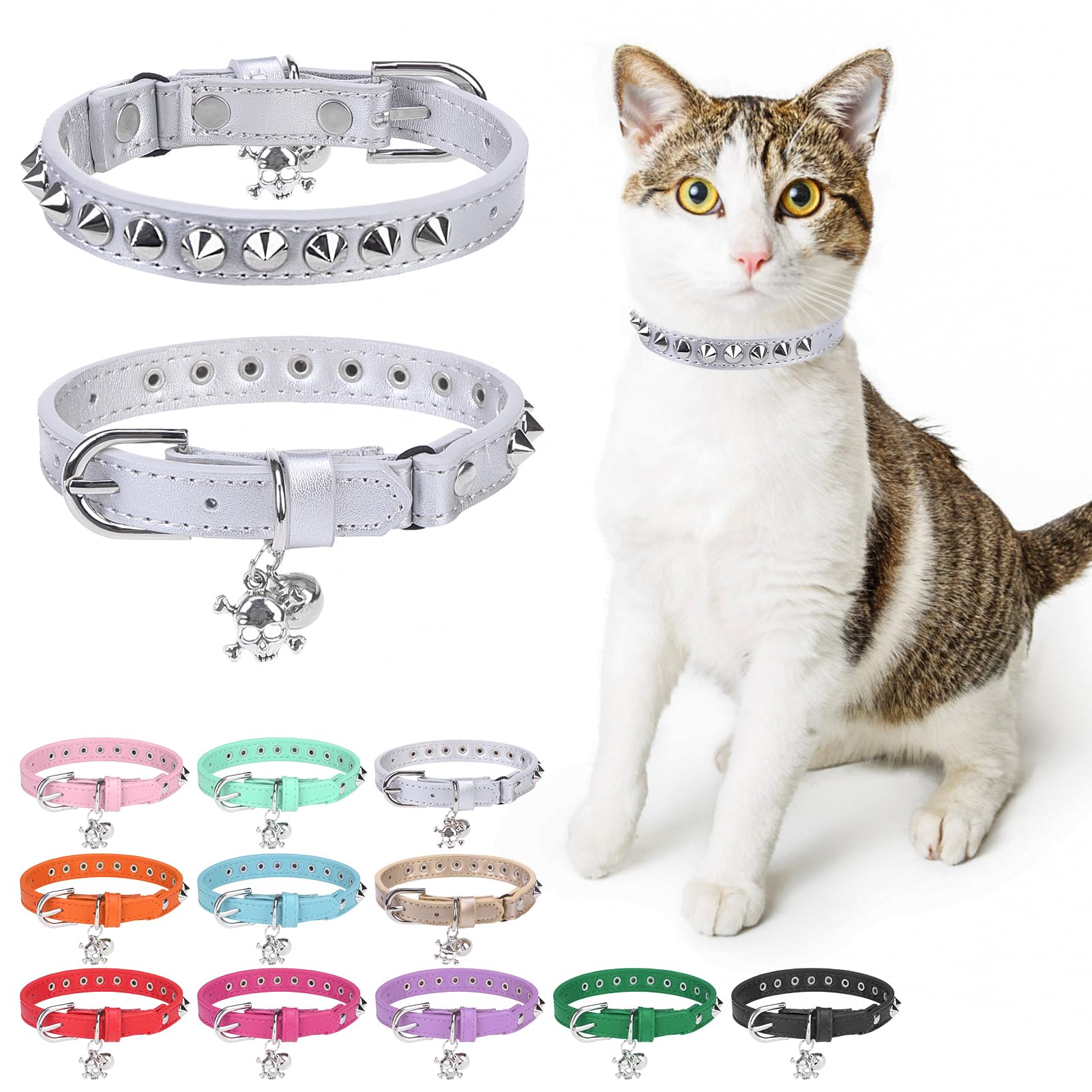 Dillybud Leather Cat Collars For Boy Girl Cats With Bell And Safety Elastic Belt, Personalized Rivets Stud Adjustable Safe Buckle Collar With Skull Charm For Kitty Small Pets, Halloween Cat Collar