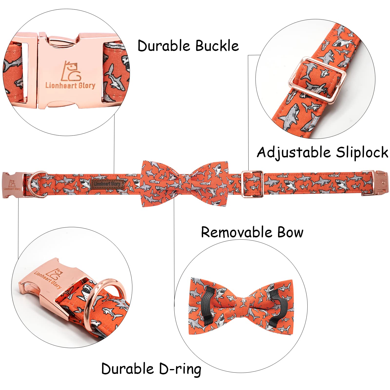 Lionheart Glory Shark Print Bow Tie Dog Collar - Adjustable For Large Dogs, Pet Gift For Girls Or Boys