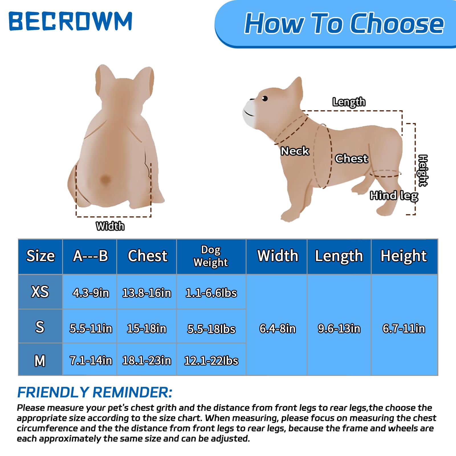 BECROWM Small Dog Wheelchair for Back Legs, Light Weight Dog&Cat&Pets Wheelchair Cart with Disabled Hind Legs Walking, Adjustabl