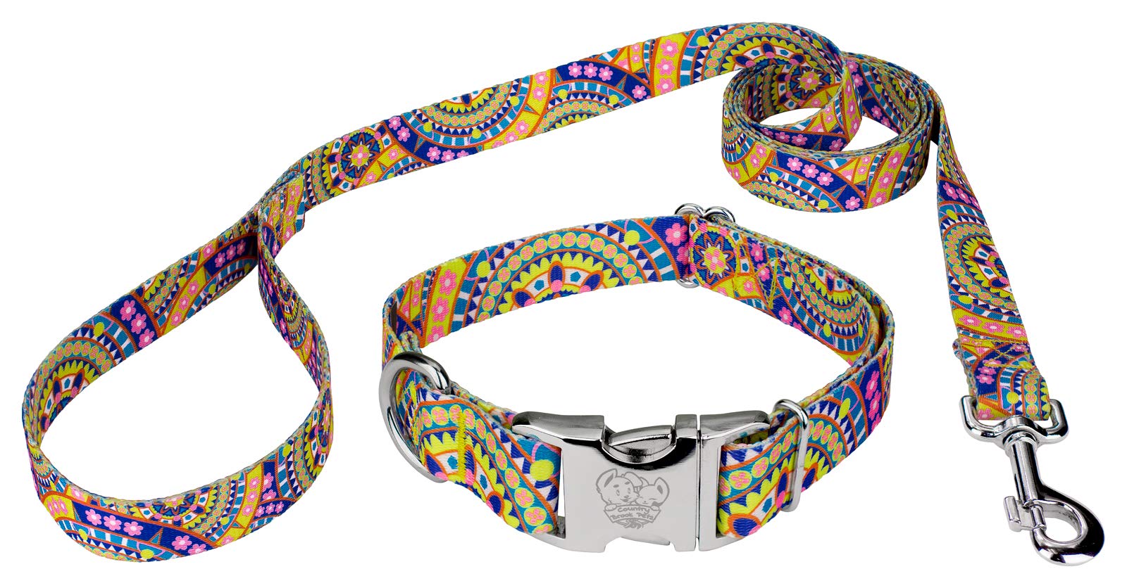 Country Brook Petz - Yellow Boho Mandala Premium Dog Collar And Leash Set - Groovy Collection Featuring Far Out Designs (1 Inch,