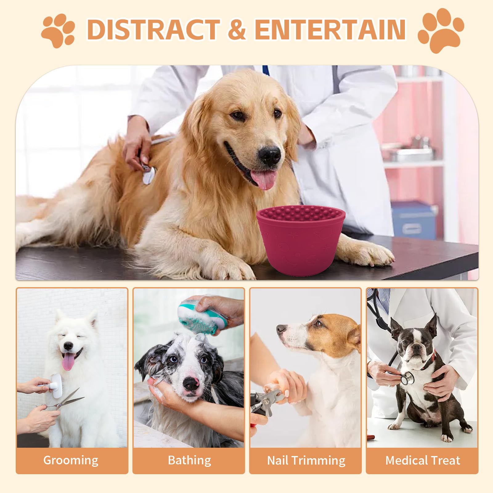 Dog Lick Bowl with Brush and Scraper, Anxiety Relief Silicone Slow Feeder Treat Dispenser, Anti-chocking Pet Dish, Non-Slip Inte
