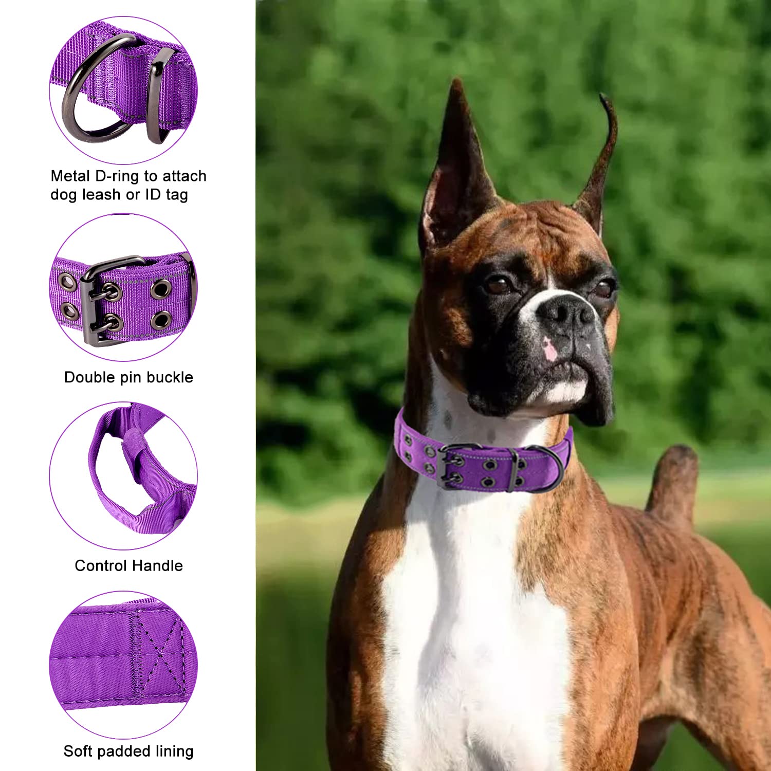 Yunleparks Reflective Dog Collar Heavy Duty Tactical With Control Handle And Metal Buckle For Dog Training(M,Purple)