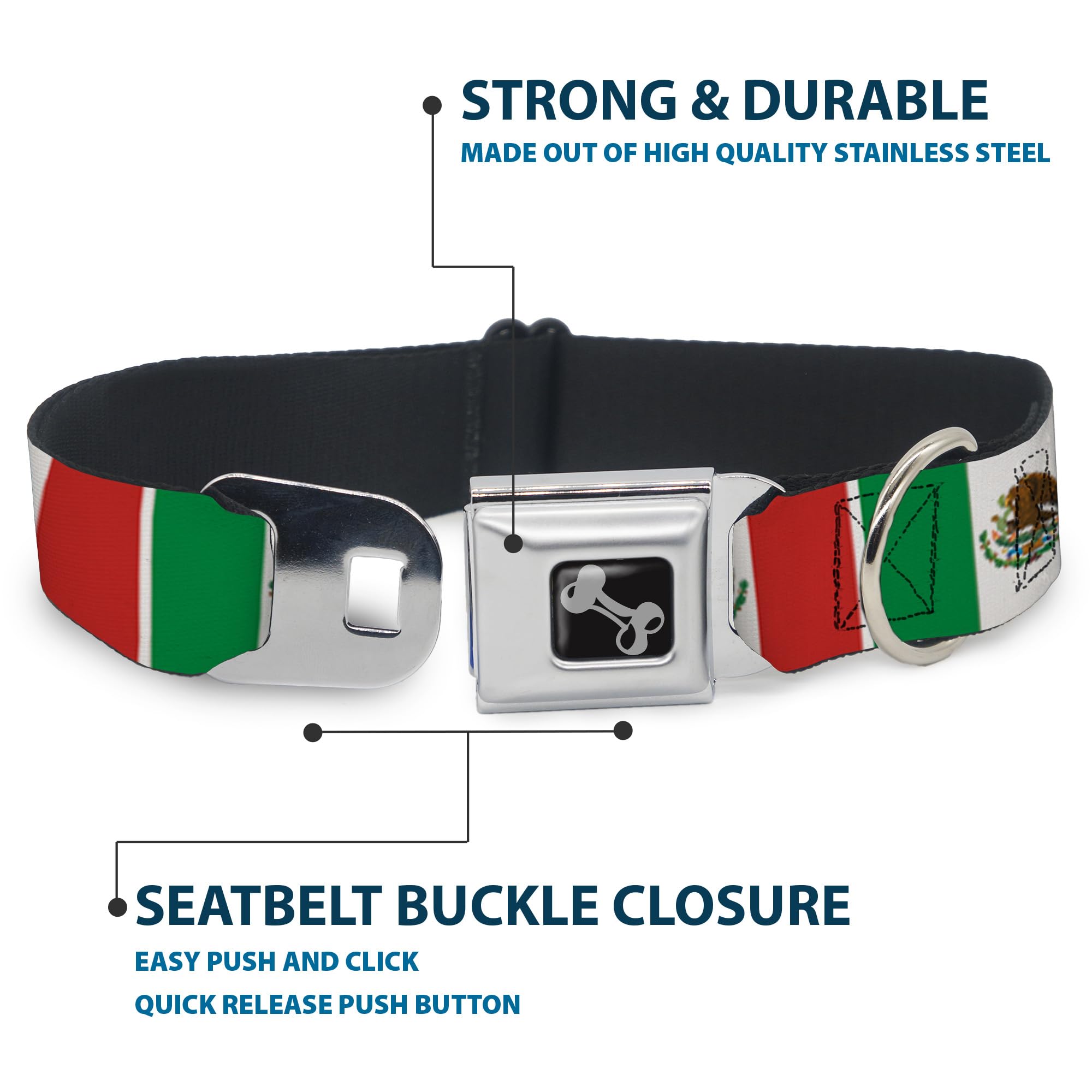Buckle-Down Seatbelt Buckle Dog Collar - Mexico Flags - 1.5' Wide - Fits 18-32' Neck - Large