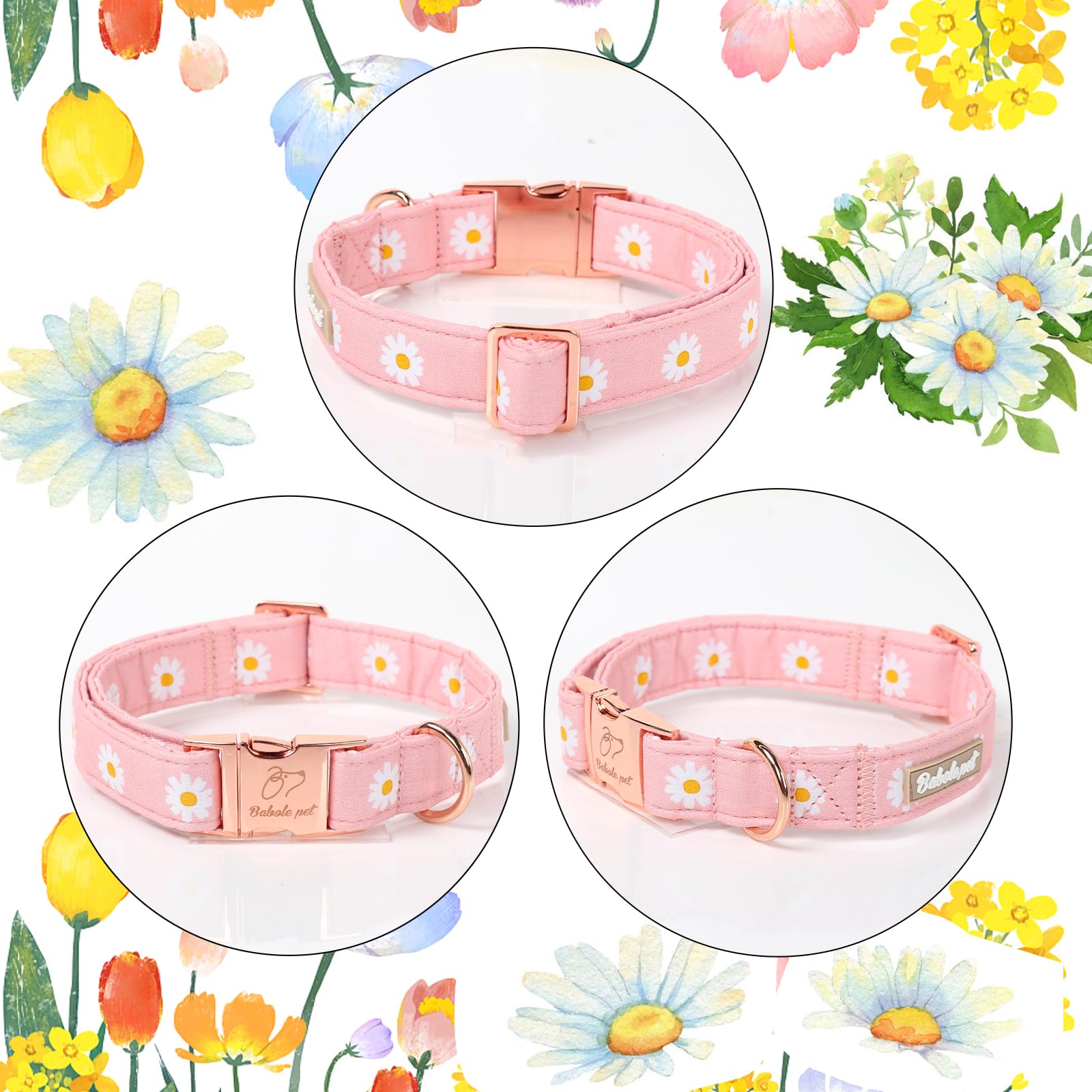 Babole Pet Spring Dog Collar, Cute Pink Daisy Femal Pet Collar With Metal Buckel, Durable Adjustable Designer Dog Collars For Sm