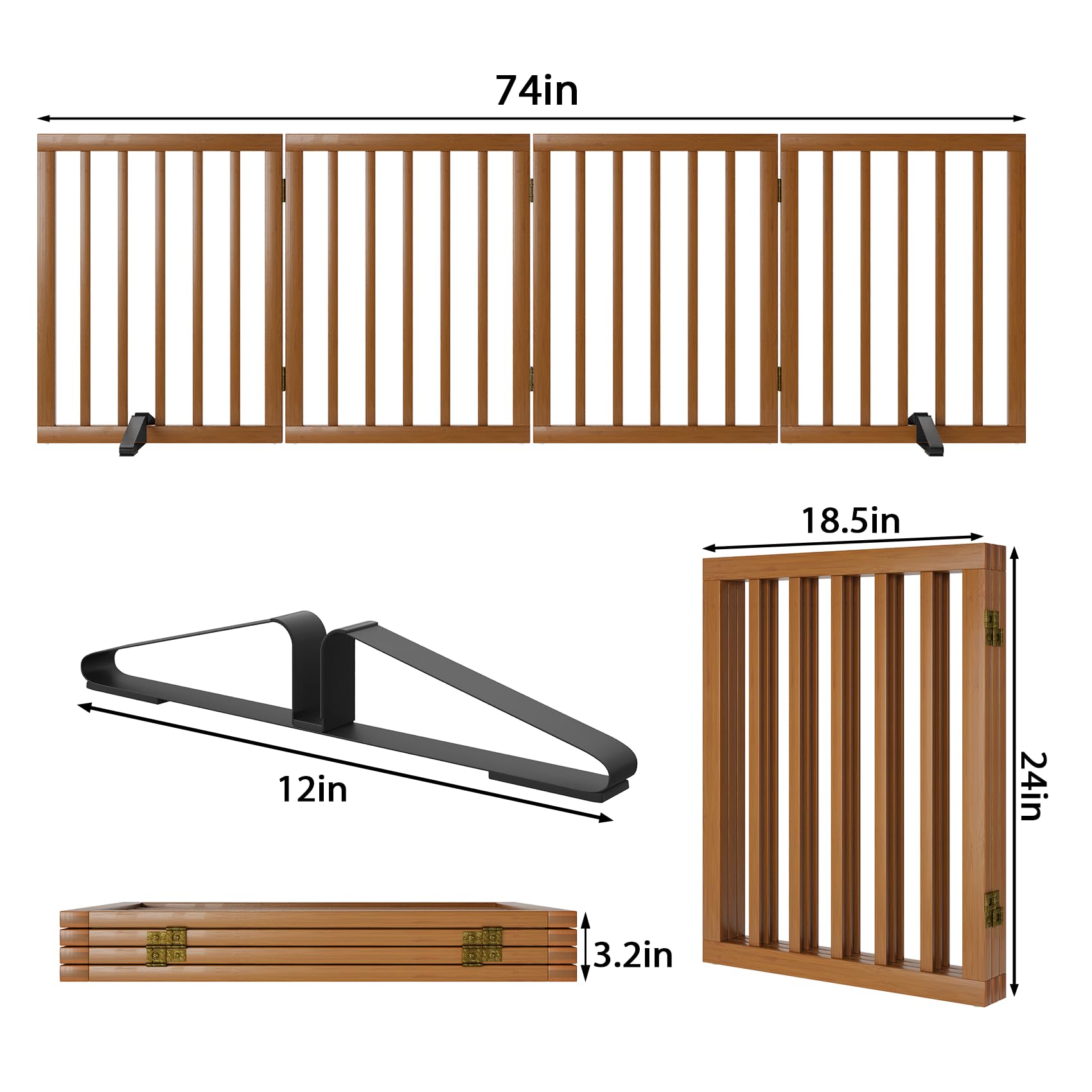 Mino Kesper Freestanding Pet Gate Foldable 4 Panel Dog Gate Walnut Dog Gates for Stair Doorways House Indoor (2 Support Feet Inc