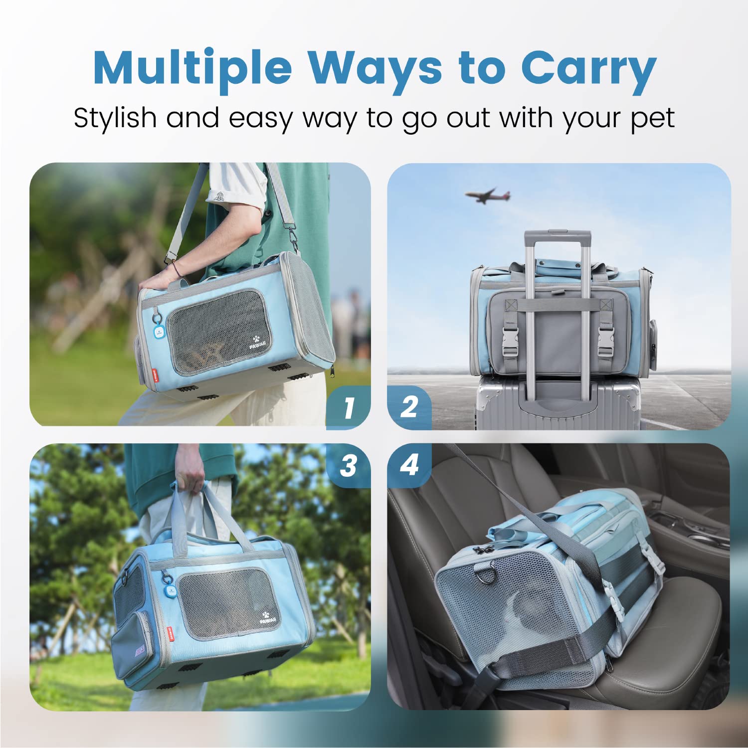 Pawaii Cat Carrier - Airline Approved, Collapsible, Large, Light Grey & Sky Blue, Model US-PC01KB, Comfortable & Portable Travel Carrier