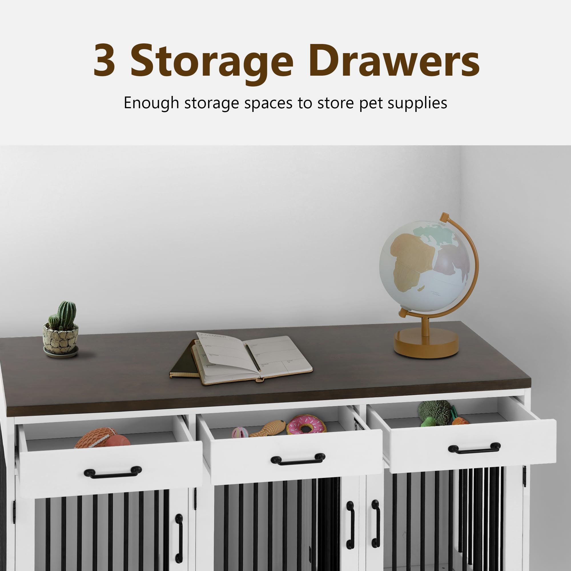 Lovupet Wooden Dog Crate Furniture with Lockable Doors, Removable Dividers, and Drawers, Pet Kennel Table for Small/Medium/Large