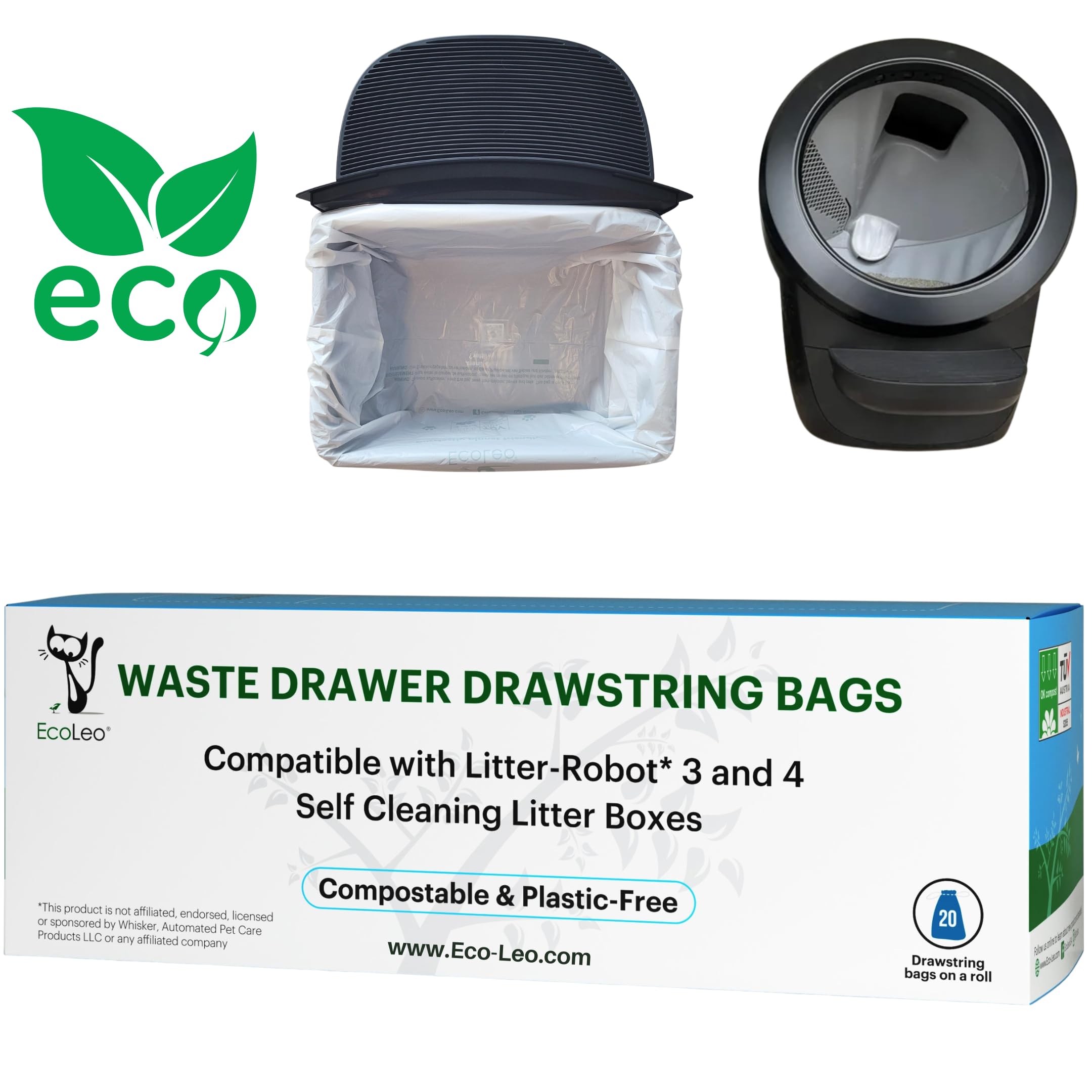 Ecoleo, Compatible With Litter-Robot 4 & 3, Compostable, Eco-Friendly Waste Bags With Drawstrings, Thick, For Automatic Litter B