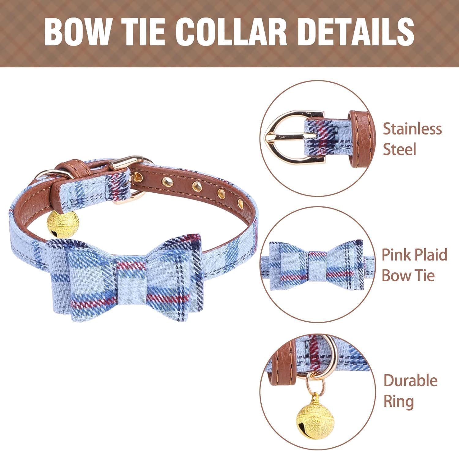Bow Tie Dog Collar And Leash Set For Small Dogs - Puppy Leash Collars Classic Beige Plaid - Adjustable Size With Golden Bell - P