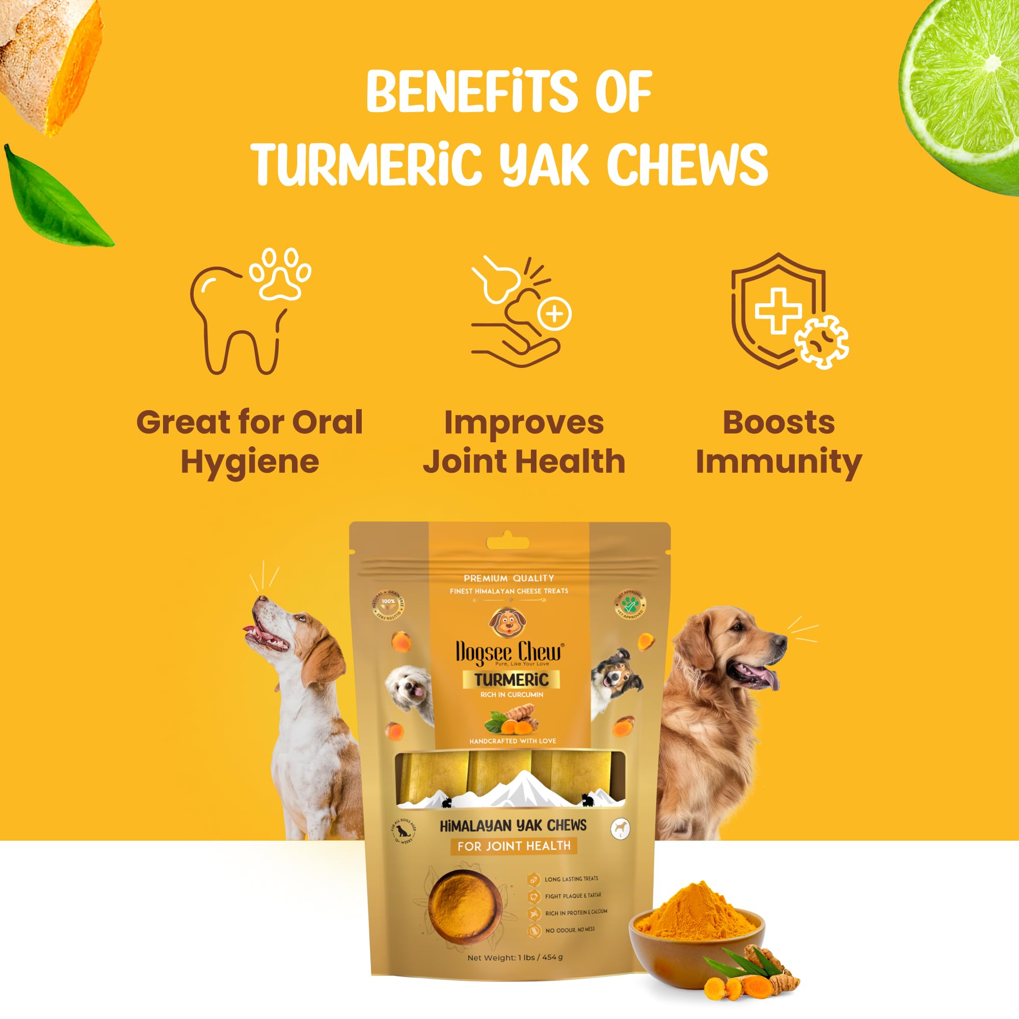 Dogsee Yak Cheese Chews for Dogs - Large 1lb Pack of 4 with Turmeric - Hip & Joint Health, Dental Care, Goldenrod Color
