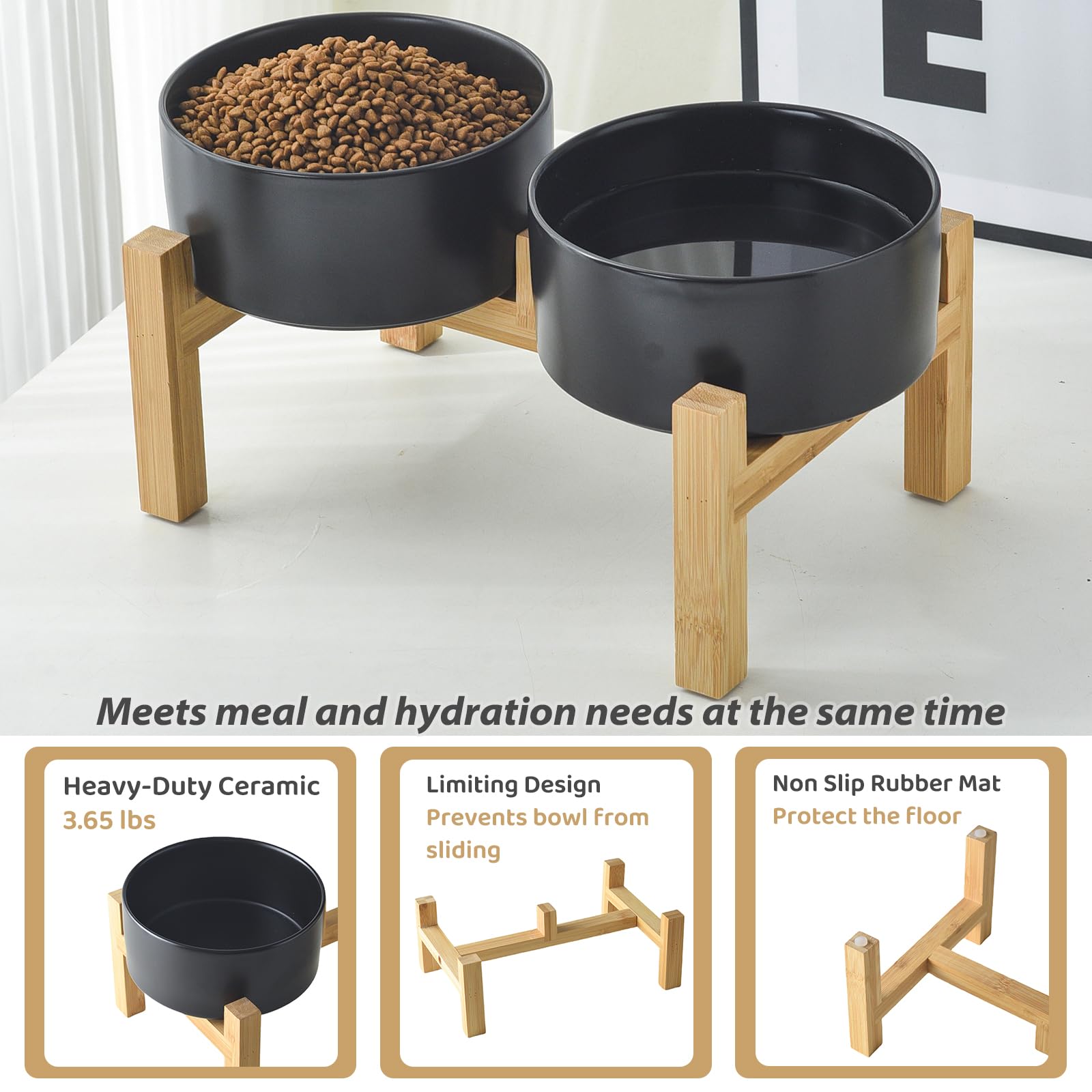 Welloyed Raised Ceramic Dog Bowl Set - Elevated Dog Bowls with Non Slip Bamboo Stand, Food and Water Bowl Set for Small and Medi