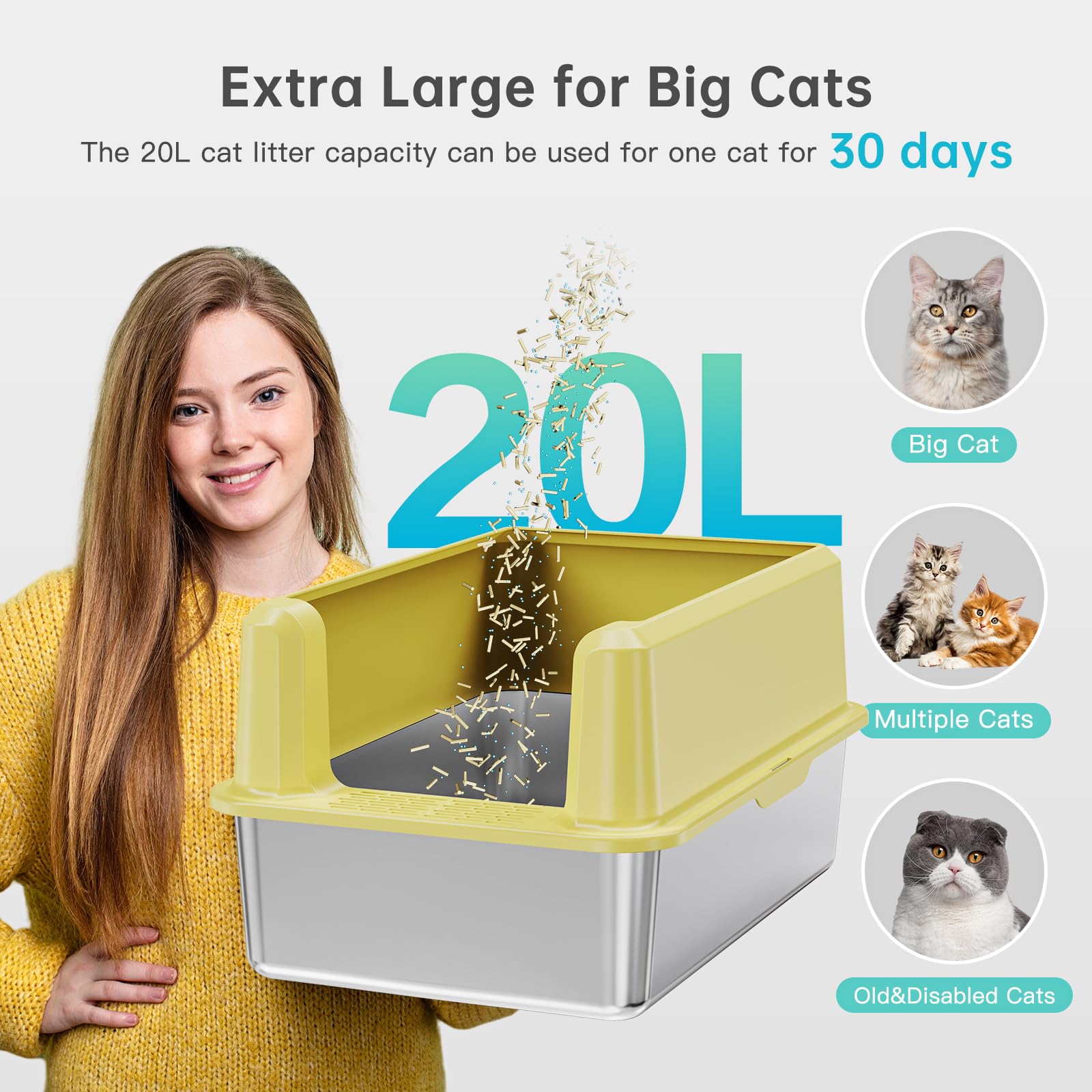 Stainless Steel Litter Box With High Side, Xxl Extra Large Cat Litter Box For Big Cats & Multiple Cats, Non-Sticky, No Urine Lea