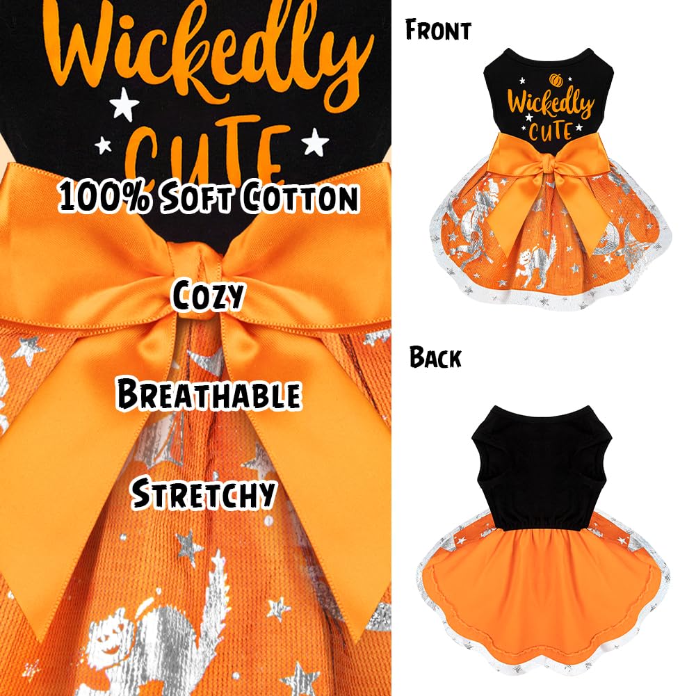 Funny Puppy Dress With Bow - Small & Large Dog Halloween Costumes, Pumpkin Witch Bat Pet Dress (Small, Wickedly Cute)