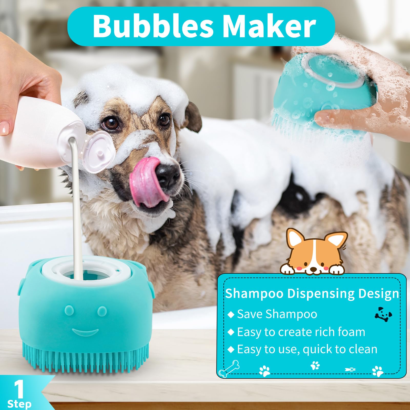 Comotech 6PCS Dog Bath Brush & Dog Toothbrush | Adjustable Handle Shampoo Brush & Scrubber for Short & Long Haired Dogs & Cats |