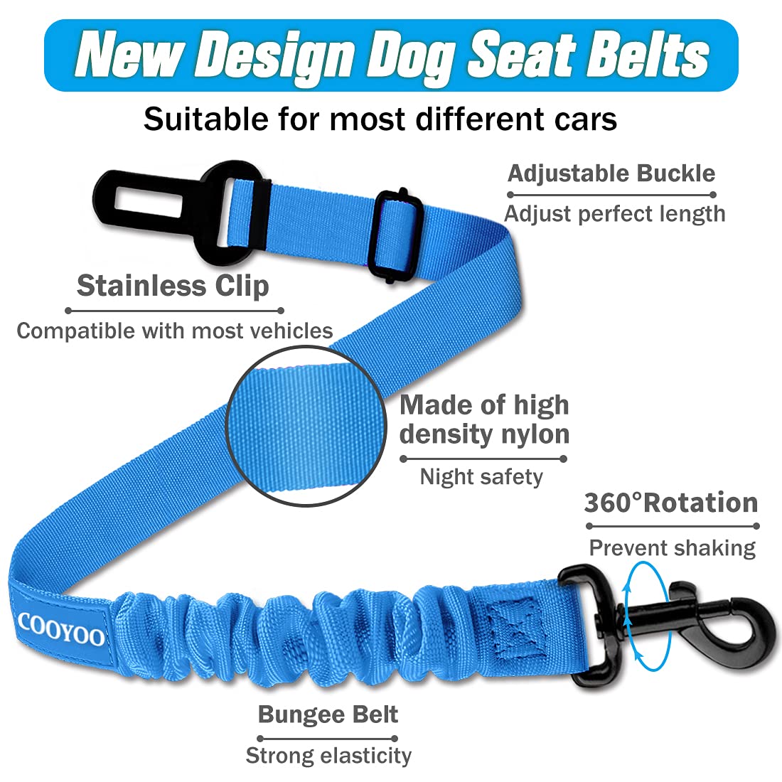 COOYOO Dog Seat Belt Set - 3 Adjustable Retractable Nylon Car Harnesses, Heavy Duty & Durable, Pink and Blue