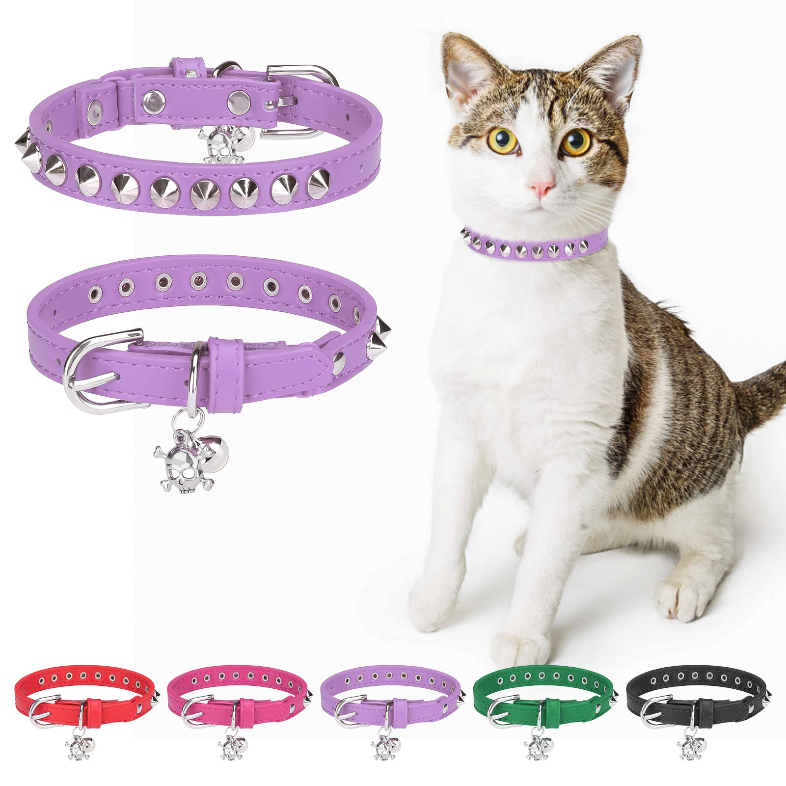 Dillybud Leather Cat Collars For Boy Girl Cats With Bell And Safety Elastic Belt, Personalized Rivets Stud Adjustable Safe Buckle Collar With Skull Charm For Kitty Small Pets, Halloween Cat Collar