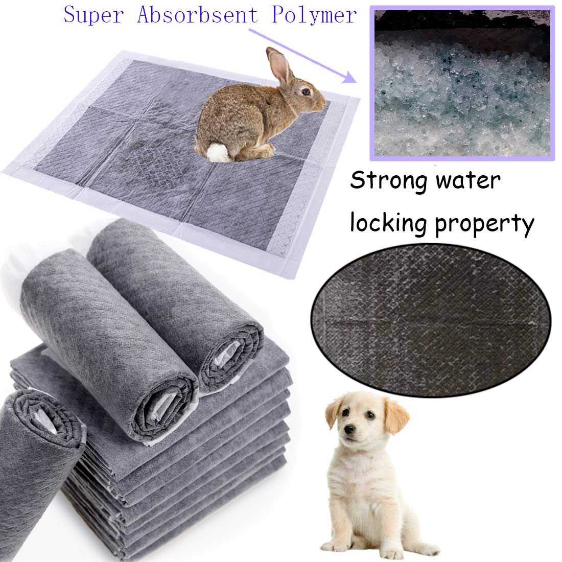 Kathson Rabbit Pee Pads Disposable Cage Liners 50Pcs All-Absorb Black Carbon Odor-Control Bunny Training Accessories With Quick-Dry Surface For Puppy Guinea Pig Kitten Hedgehog Small Animals