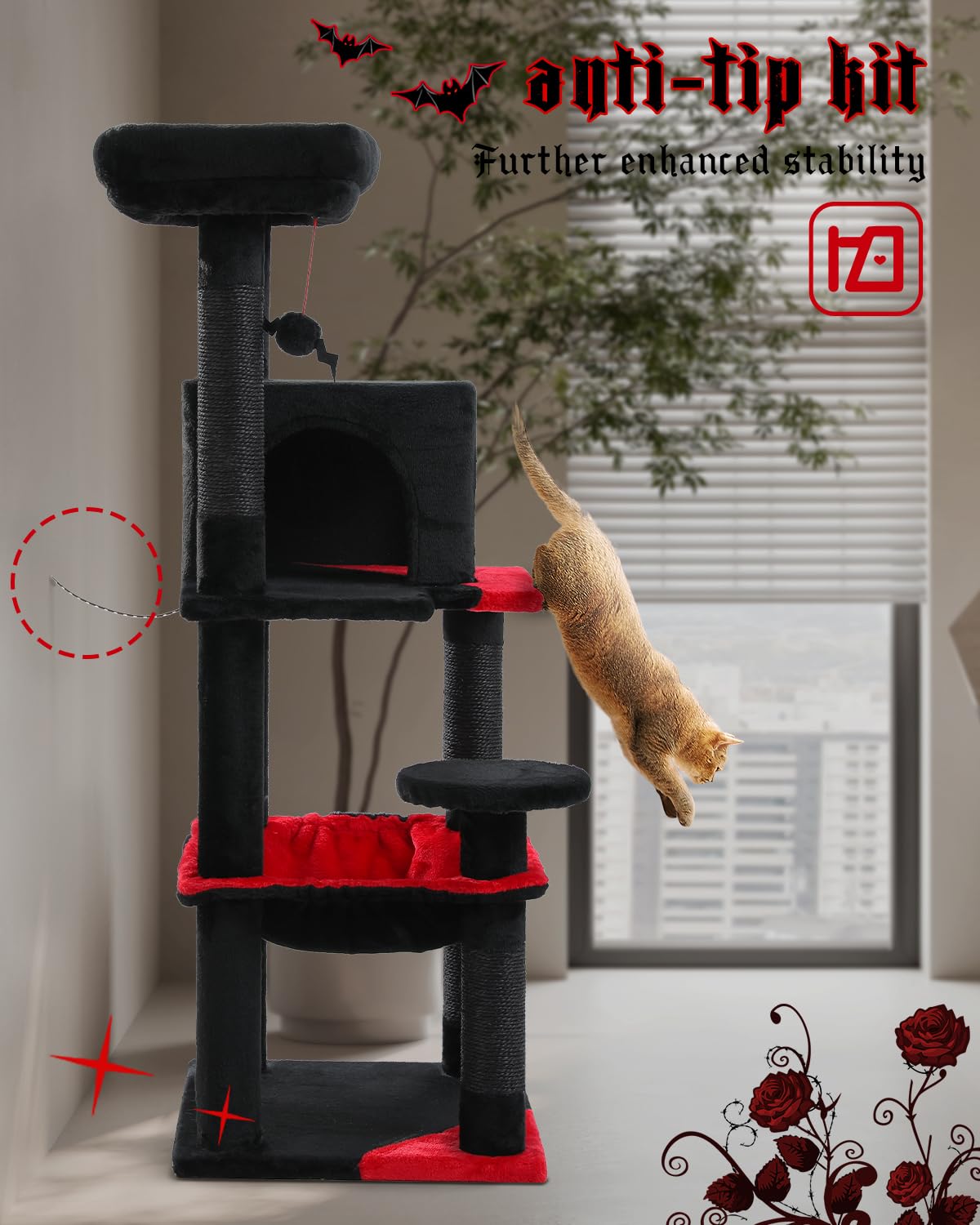 Muttros Gothic Cat Tree With Super Large Hammock, 45.7' Black Cat Tower With Coffin Bed, Cat Condo, Sisal Scratching Posts & Top Perch, Multi-Level Goth Cat Tree, Halloween, Black