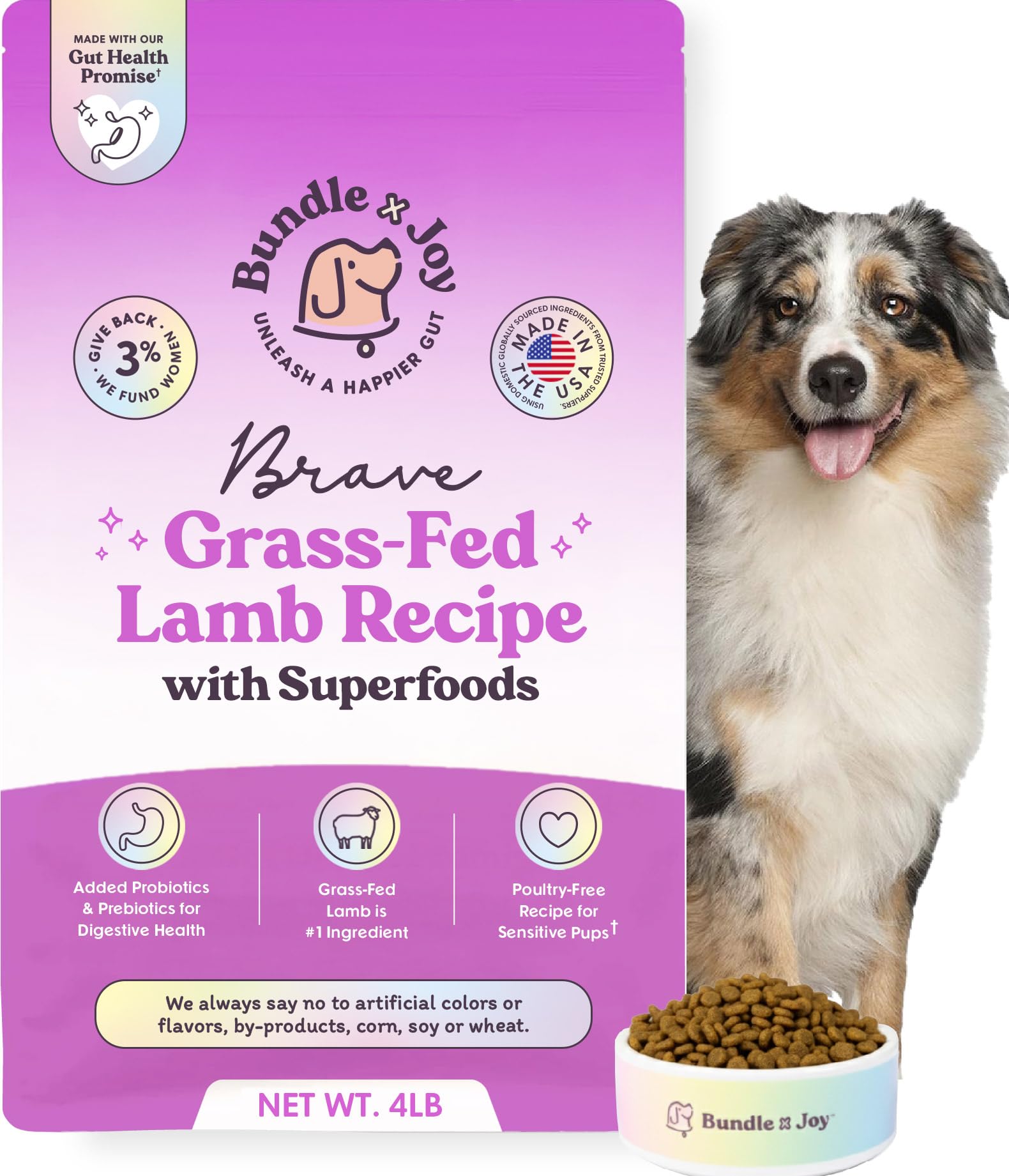 Bundle x Joy Brave Probiotic Dog Food Dry, Lamb, 8lb Bag, Allergy and Gut-Friendly Adult Kibble for Digestive Health with Grass-