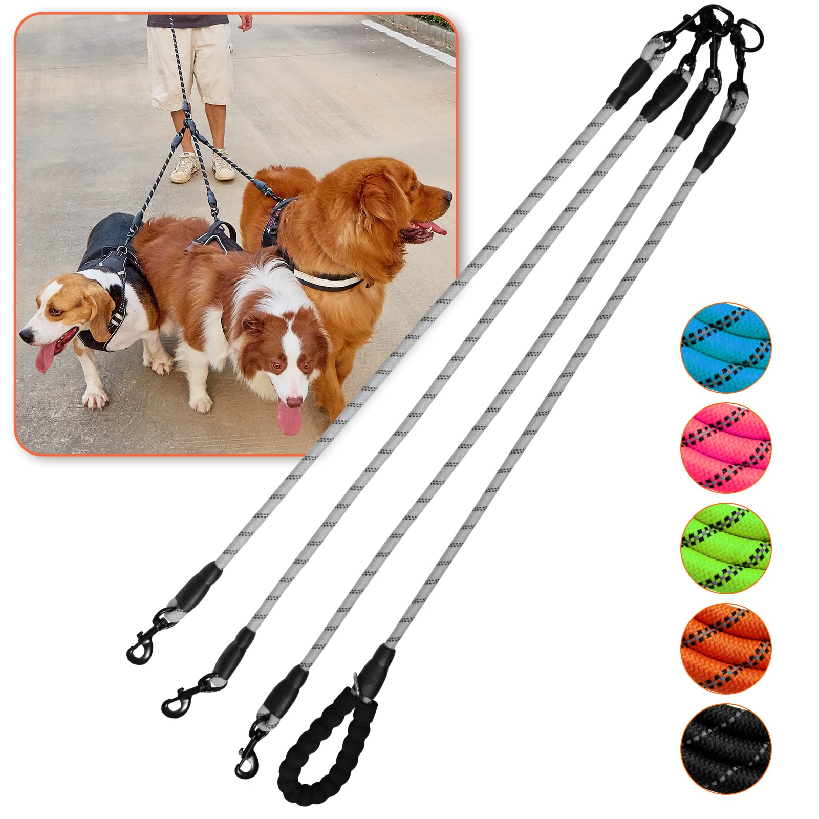 Dog Double Leashes,Comfortable Dog Leash With Reflective,No Tangle Triple Leash For Dogs (Grey Three Leashes)