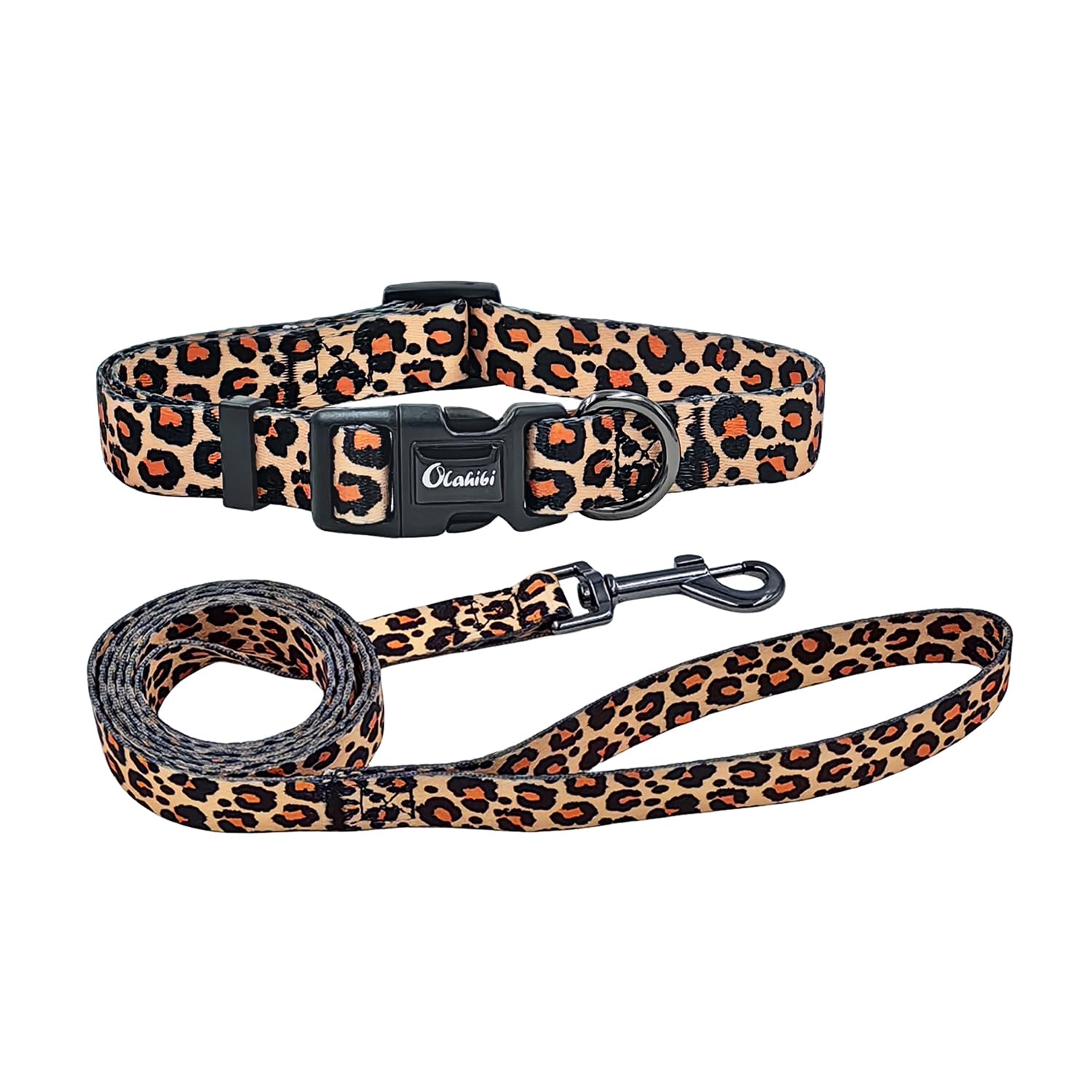 Olahibi Dog Collar Leash Set, Leopard Pattern, Polyester Material, Adjustable Collar And 5Ft Matching Leash, For Medium Dogs.(M,