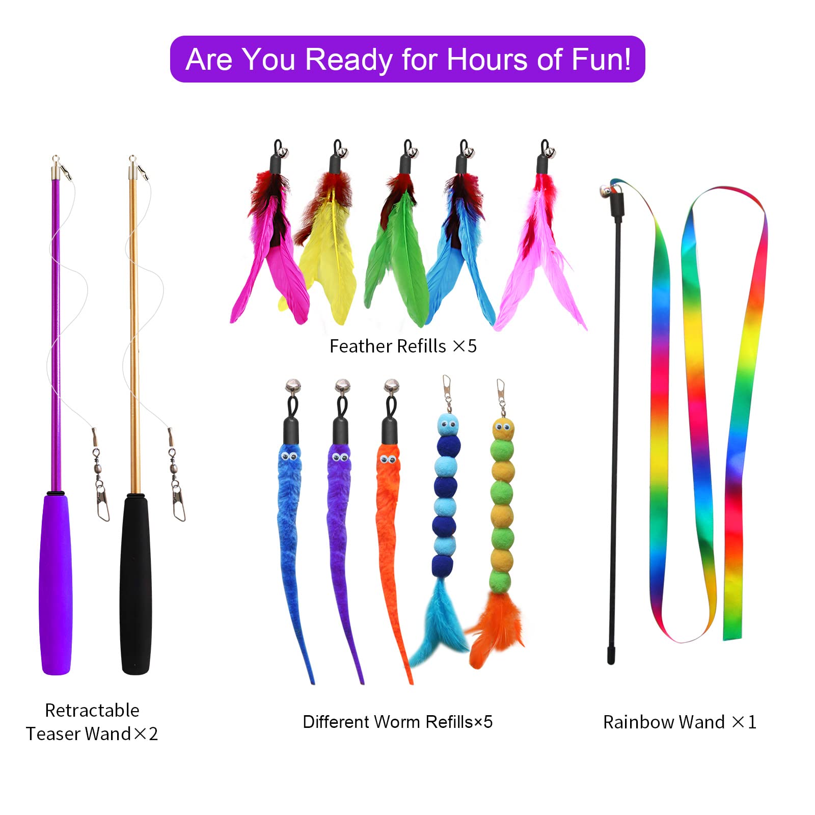 Atosun Cat Toys, 2Pcs Retractable Cat Feather Toys, 10Pcs Replacement Teaser Refill, 1Pc Rainbow Ribbon Wand Interactive Kitten Toys For Indoor Cat Make Exercise