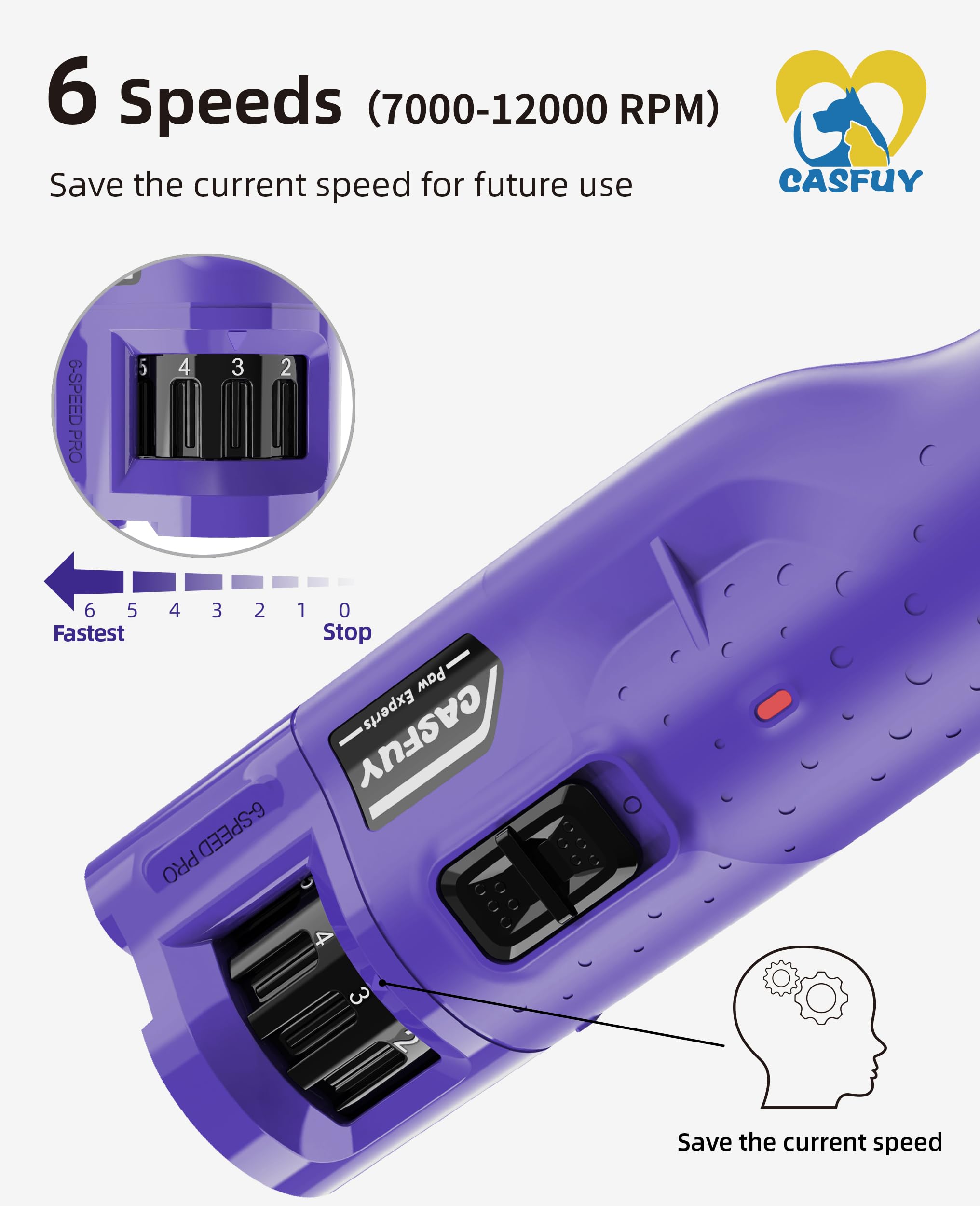 Casfuy Dog Nail Grinder N65 - 6-Speed, 45dB, Rechargeable, 2 LED Lights, for Large Medium Small Dogs/Cats - Purple