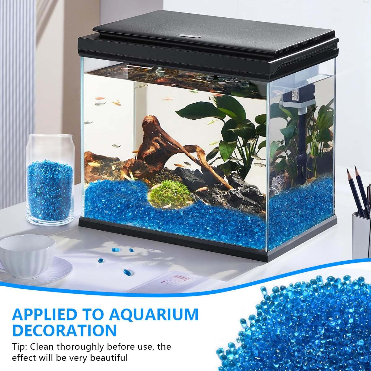 Kiseer Clear Aquarium Glass Stone Bulk 1 Lb Sea Glass Beads Gems Marbles Pebbles Gravel Rock For Aquarium, Fish Tank, Garden, Vase Fillers, Succulent Plants Decor (Light Blue)