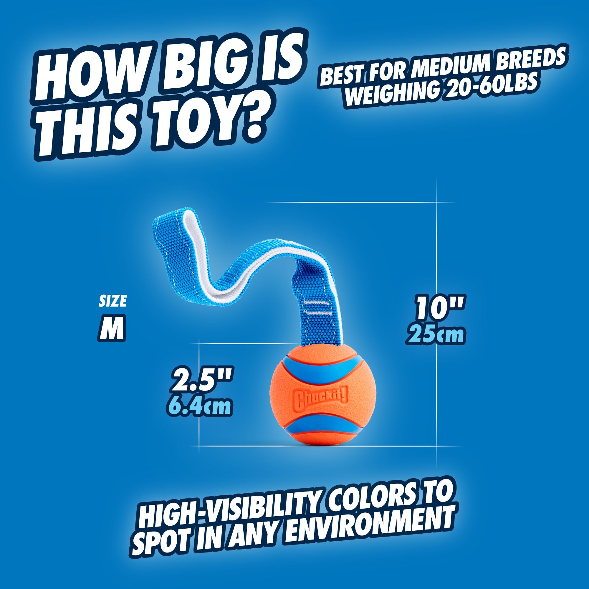 Chuckit! Ultra Tug Dog Toy - Medium Rubber Fetch Ball for Dogs 20-60 lbs - Blue/Orange - Model 231201