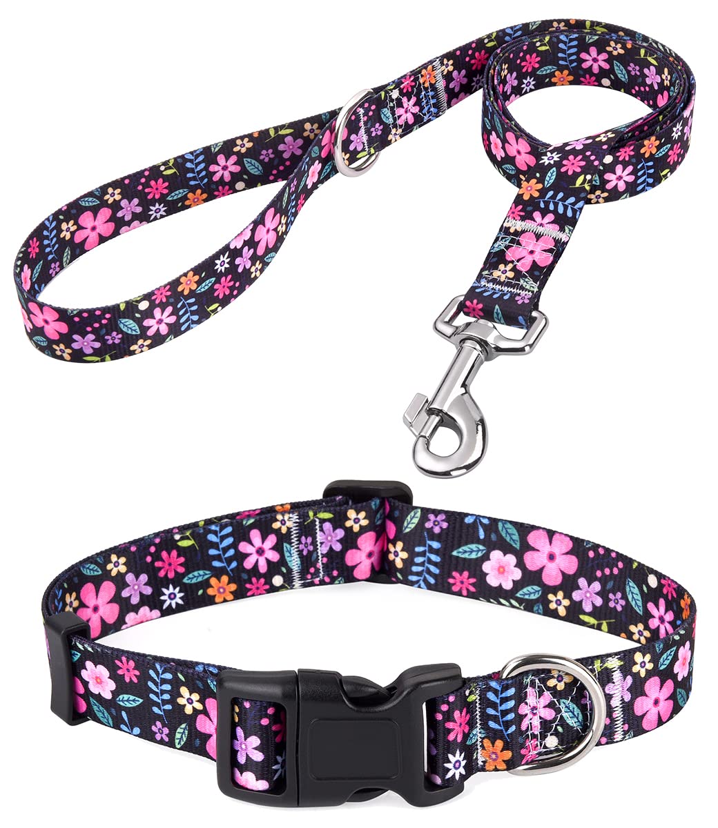 Mihqy Dog Collar And Leash Set With Bohemia Floral Tribal Geometric Patterns - Soft Ethnic Style Collar Adjustable For Small Medium Large Dogs(Floral Set,M)