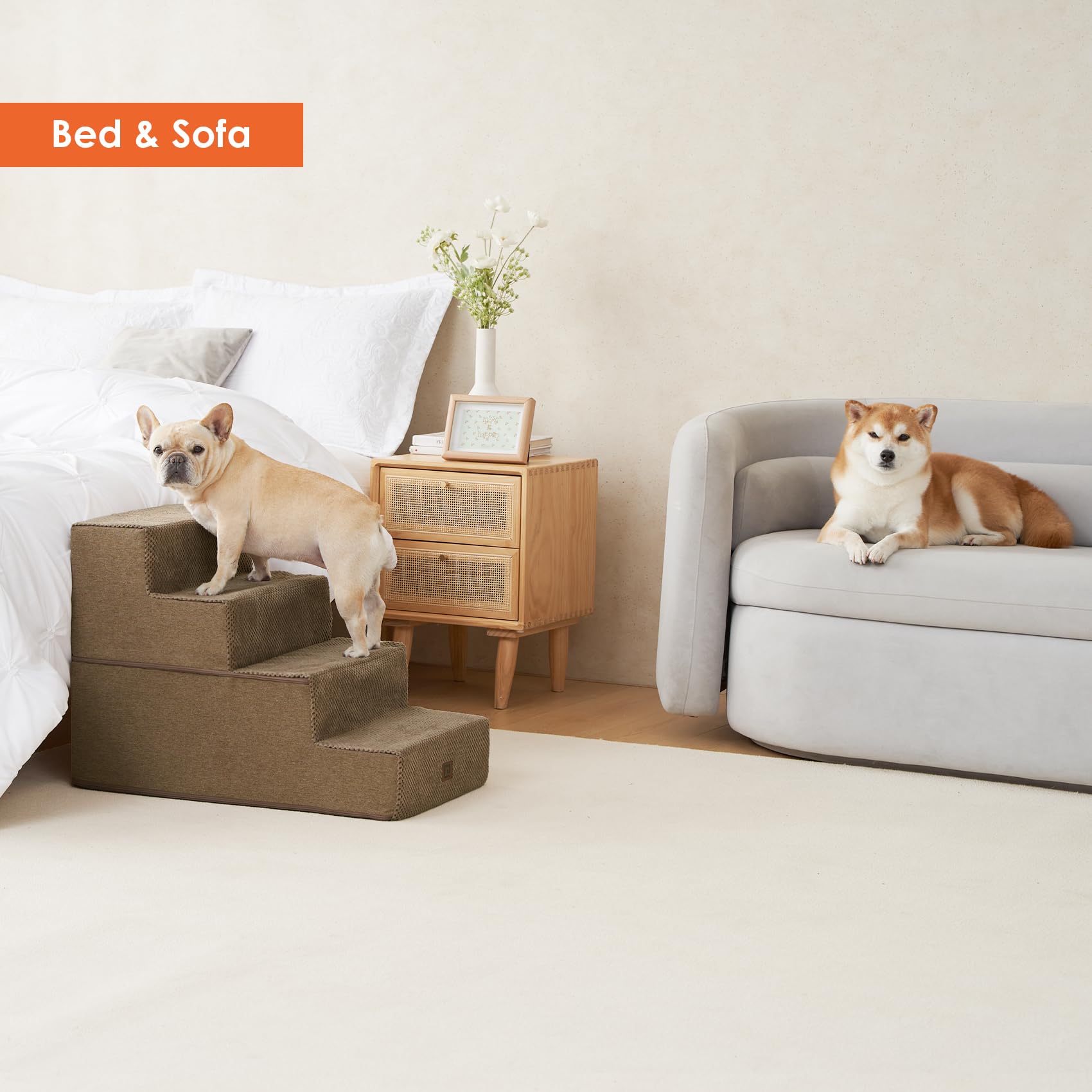 Eheyciga Dog Stairs For Bed 20”H, 4-Step Extra Wide Dog Steps For High Bed, Pet Steps For Small Dogs And Cats, Non-Slip Balanced Dog Indoor Ramp, Camel