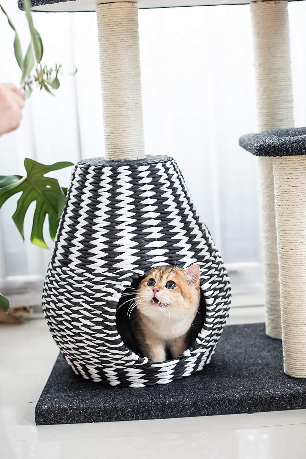 PetPals Cat Tree Royal - 3 Level, Jet Black & Porcelain White, 27x19x49", Durable Paper, Model PP2582-ROCKY, Fun Toy Included