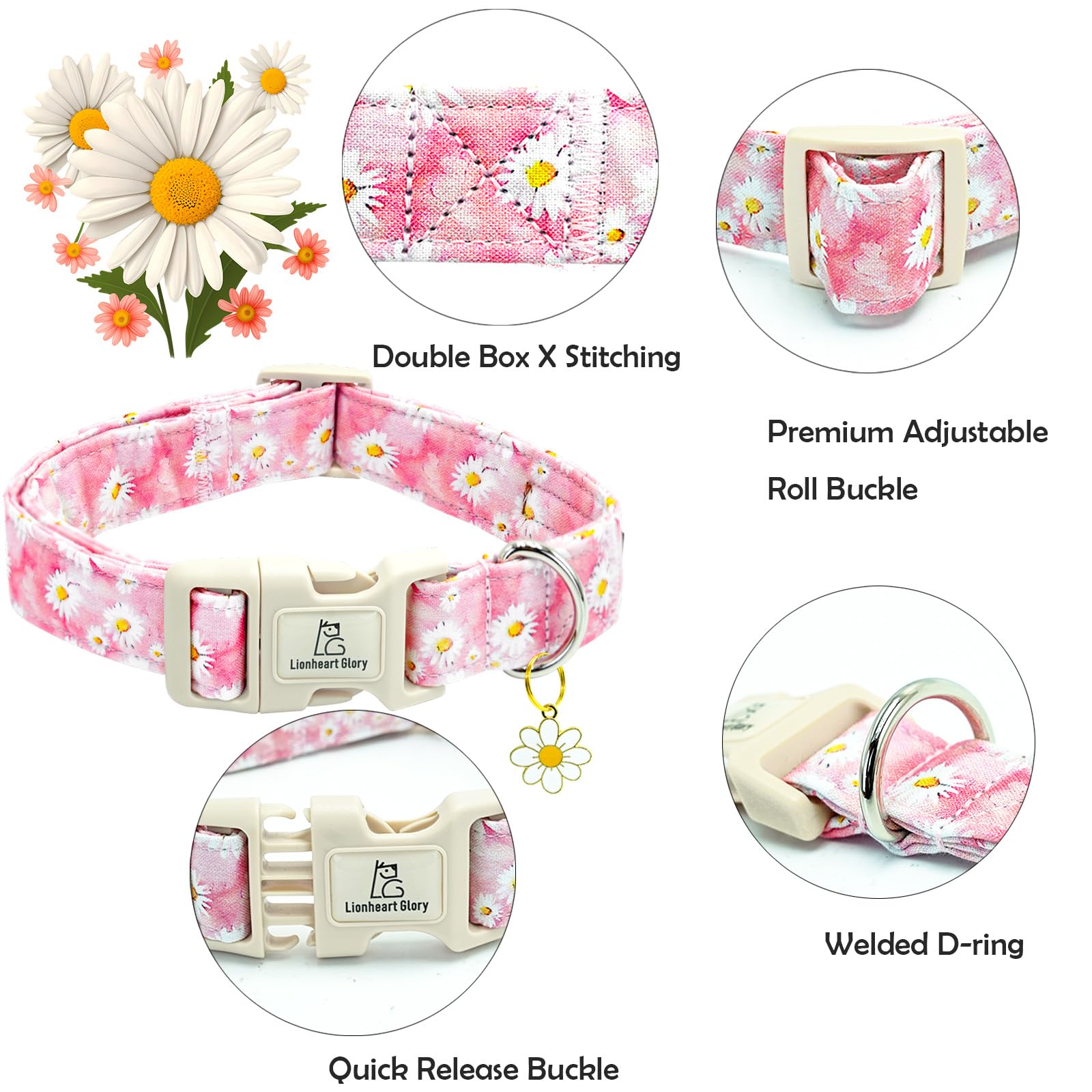 Lionheart Glory Dog Collar-Pink Floral Pattern Dog Collar Cute Flower Dog Collars Female Heavy Duty Adjustable Collars For Small