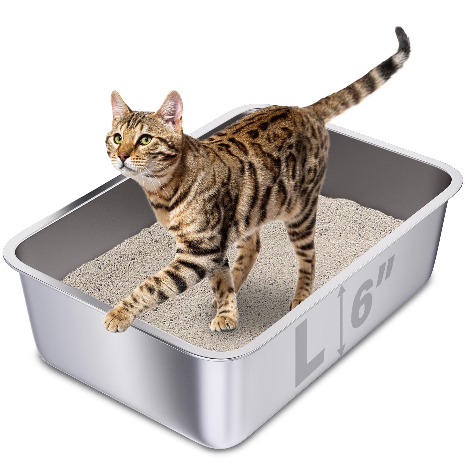 Holintan Stainless Steel Cat Litter Box, 20''X14''X6''(Height) Large Metal Litter Box, Easy To Clean, Non Stick No Smell Litterb