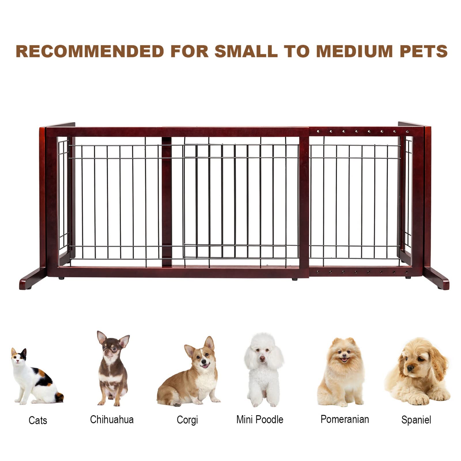 Bonnlo Free Standing Dog Gate, Wooden Adjustable Pet Fence, 37"-68" Wide, Cherry, Model BL-DG-003&610, Ideal for Indoor Use
