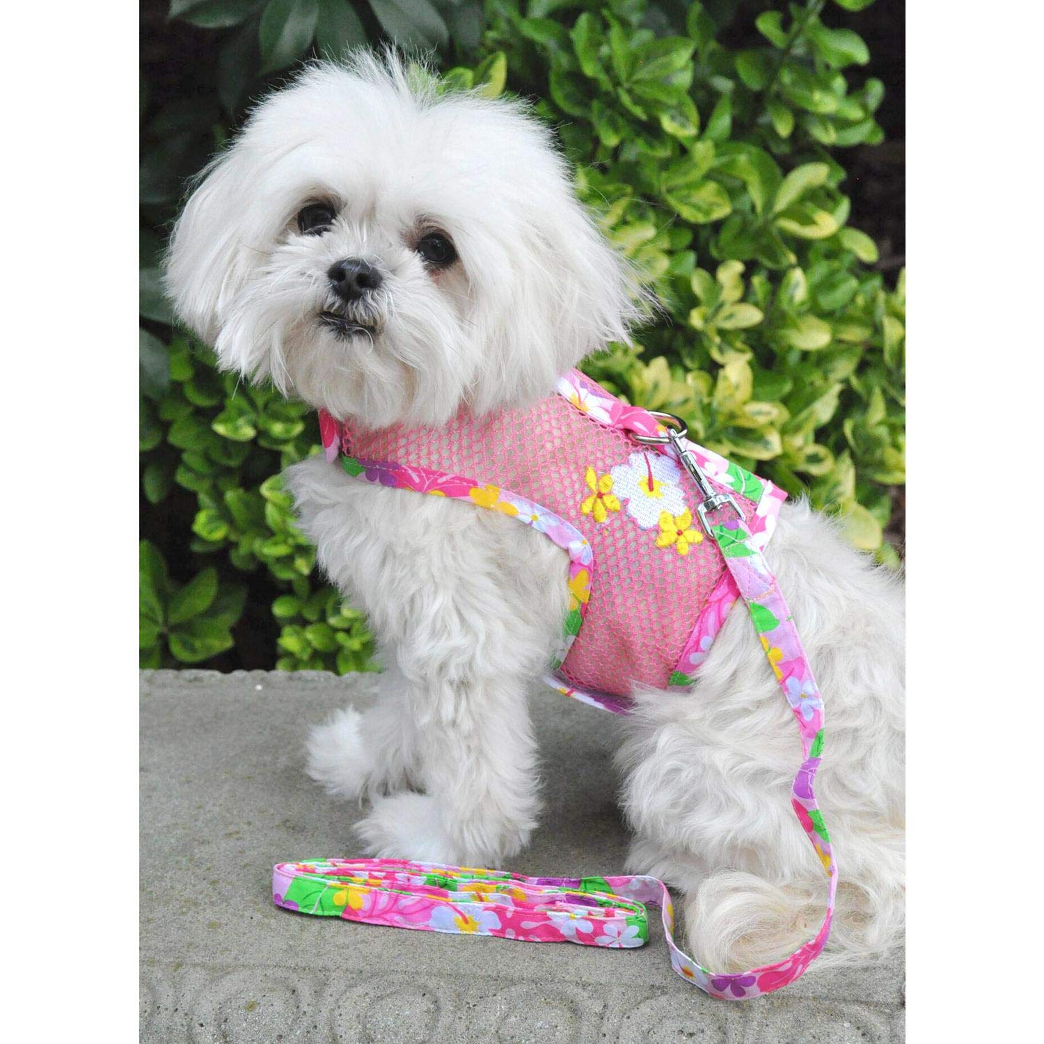 Cool Mesh Dog Harness - Dog Vest For Pets, Simple Step In And Go Design, Harness For Dogs With Leash, Pink Hawaiian Floral, Medi