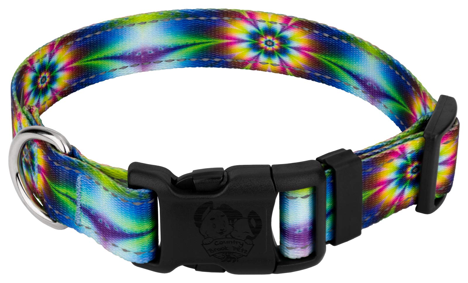 Country Brook Petz - Deluxe Tie Dye Flowers Reflective Dog Collar Collection Featured Night Safe Designs (5/8 Inch, Small)